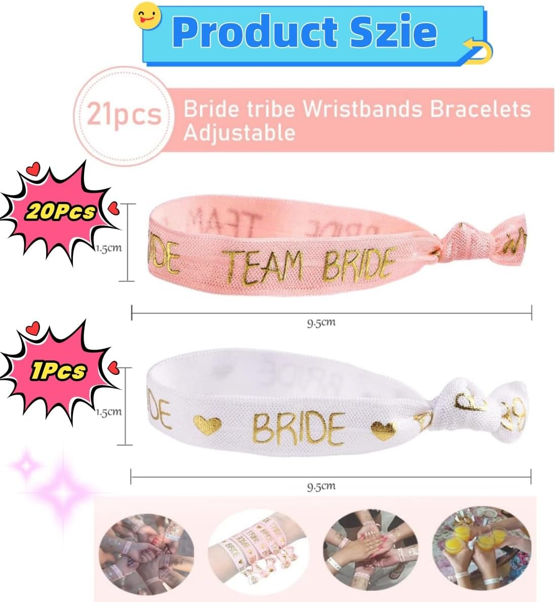 21Pcs Bride Team Wristbands,White and Pink Hen Party Favour Hair Bands, Elastic Bride Tie Accessories for Bachelor Party Wedding Bridal Shower Decorations image number 4