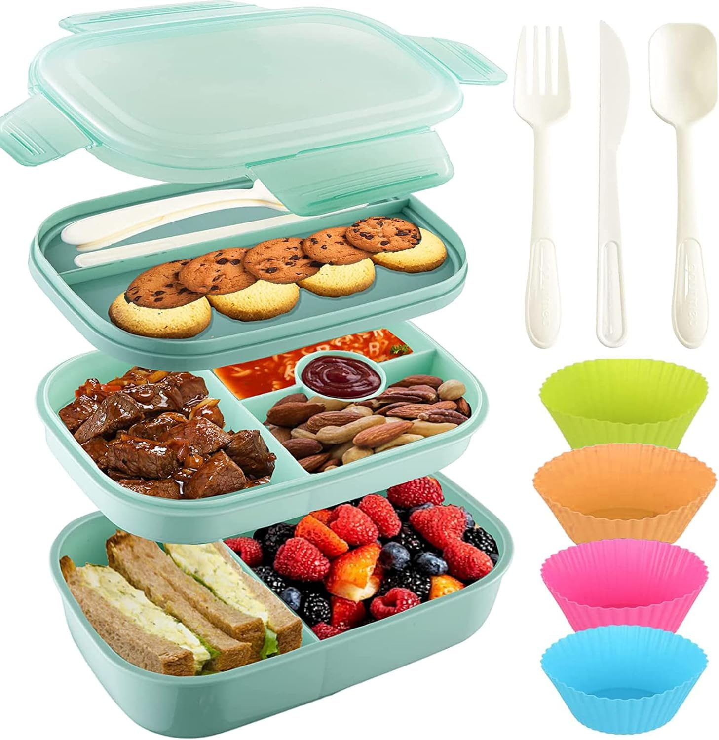 Stackable Bento Box Adult Lunch Box,3Layers Lunch Containers with Compartments for Kids,Large Capacity 1900Ml Bento Box with Utensil Set and Silicone Cake Cups, Bento Lunch Box Is Microwave Safe