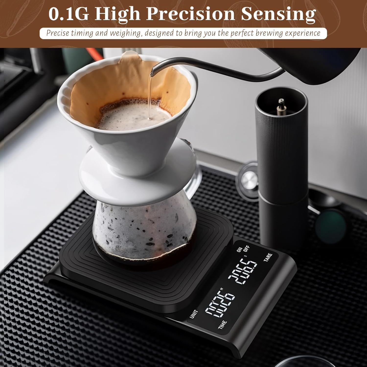 Coffee Scale with Timer - 3Kg/0.1G High Precision Small Kitchen Scales for Espresso and Pour over Coffee, Rechargeable Digital Food Scale with Auto Tare, Touch Sensor and Silicone Cover, Black