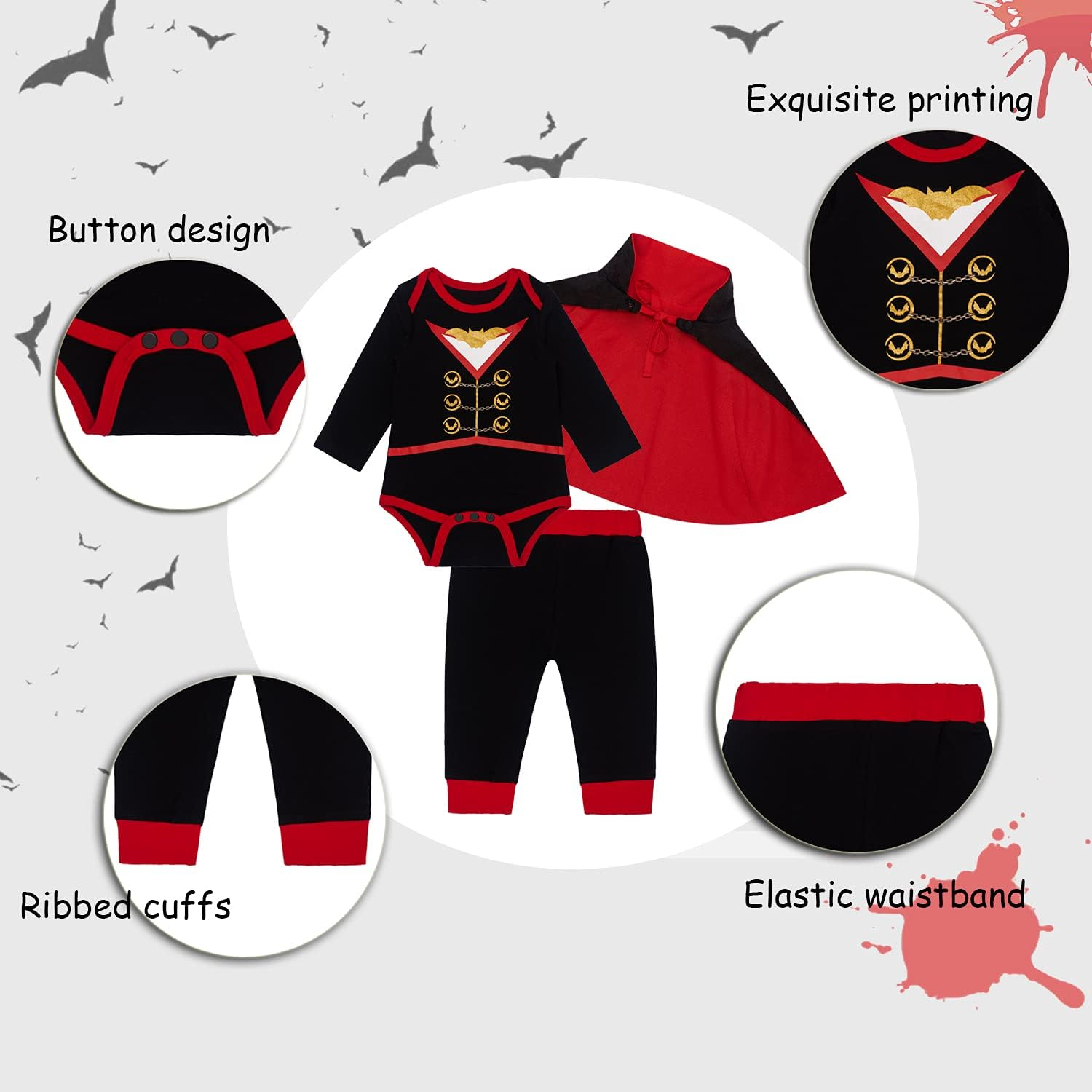 Bakjuno Newborn Baby Boys Girl Gothic Vampire Costume Deluxe Set Dracula Vampire Halloween Party Dress Up image number 2