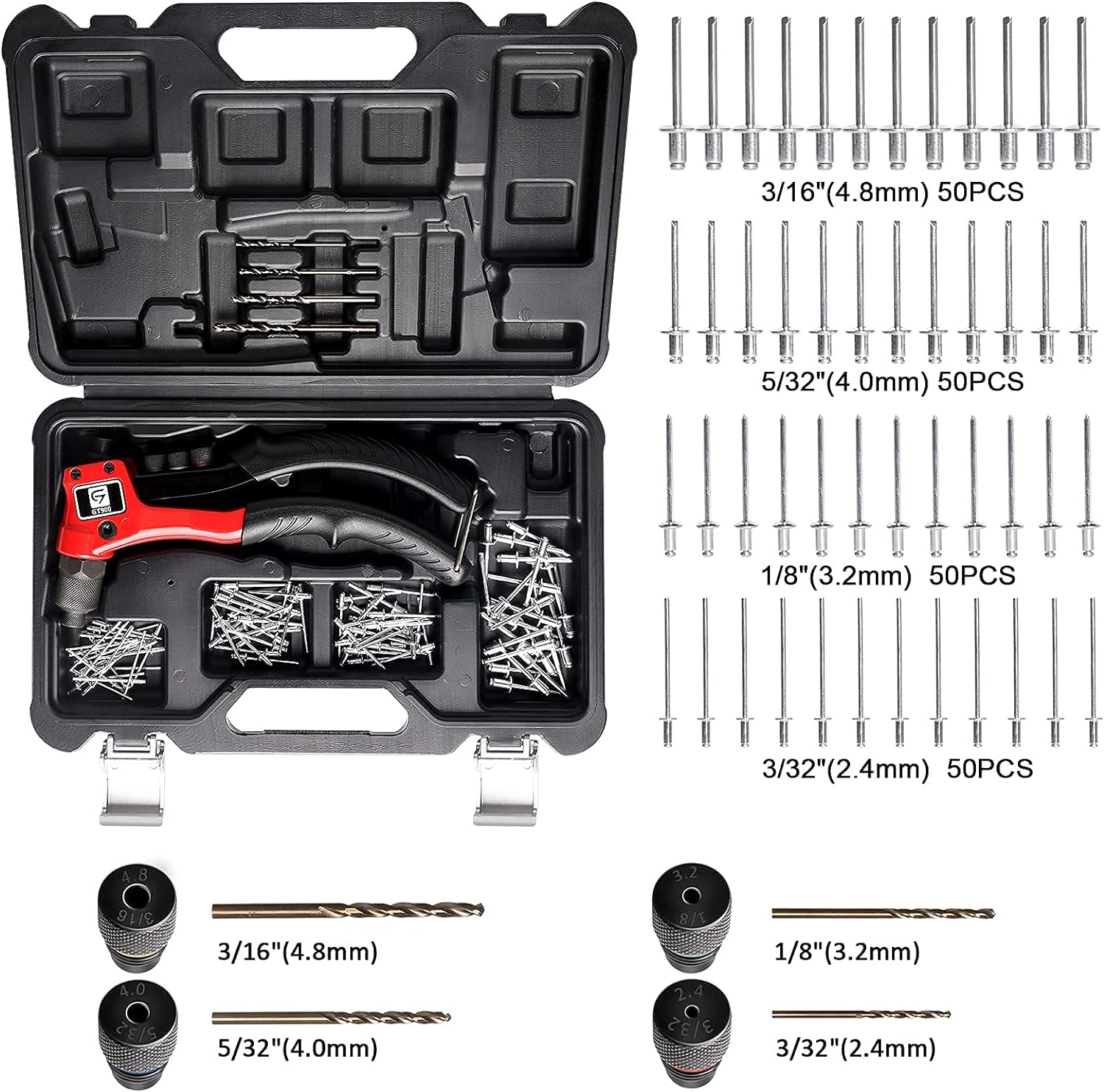 Rivet Gun, GIANTISAN Pop Rivet Tool Kit with 200 Rivets and 4 Drill Bits, Manual Hand Riveter Kit with Rugged Carrying Case image number 2