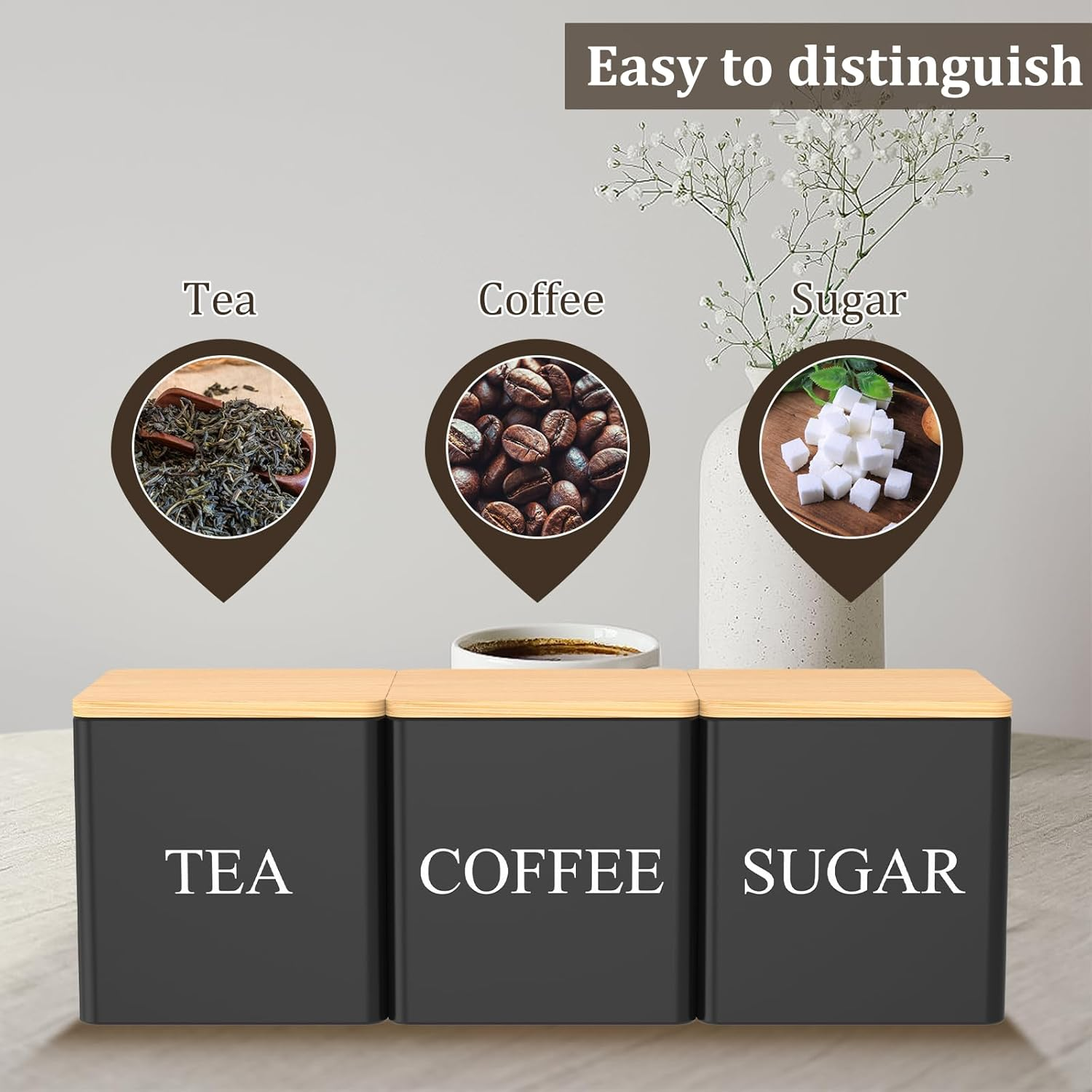 3Pcs Tea Sugar Coffee Canister Set with Bamboo Lids, Large Capacity Tea Sugar Coffee Container Set Sealed Space Saving Jar Set (Black) image number 5