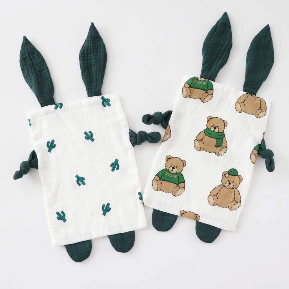 Bunny Security Blanket for Boys and Girls,Cotton Soft Breathable Muslin Soothing Towel Appeasing Toy for Infant and Toddler,2 Pcs Set(Bigbear&Cactus)