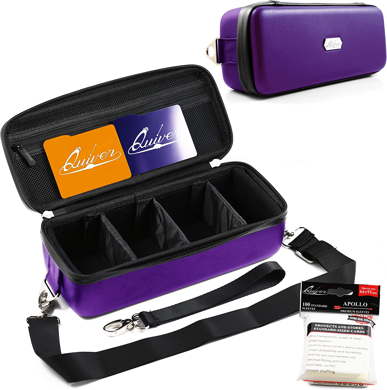Quiver Time Purple Quiver Card Carrying Case - TCG Cards Deck Box Holder for Trading Cards, MTG Bag Playing Card Case (+Wrist & Shoulder Strap, Dividers, Separators, Corner Pads + 100 Apollo Sleeves)