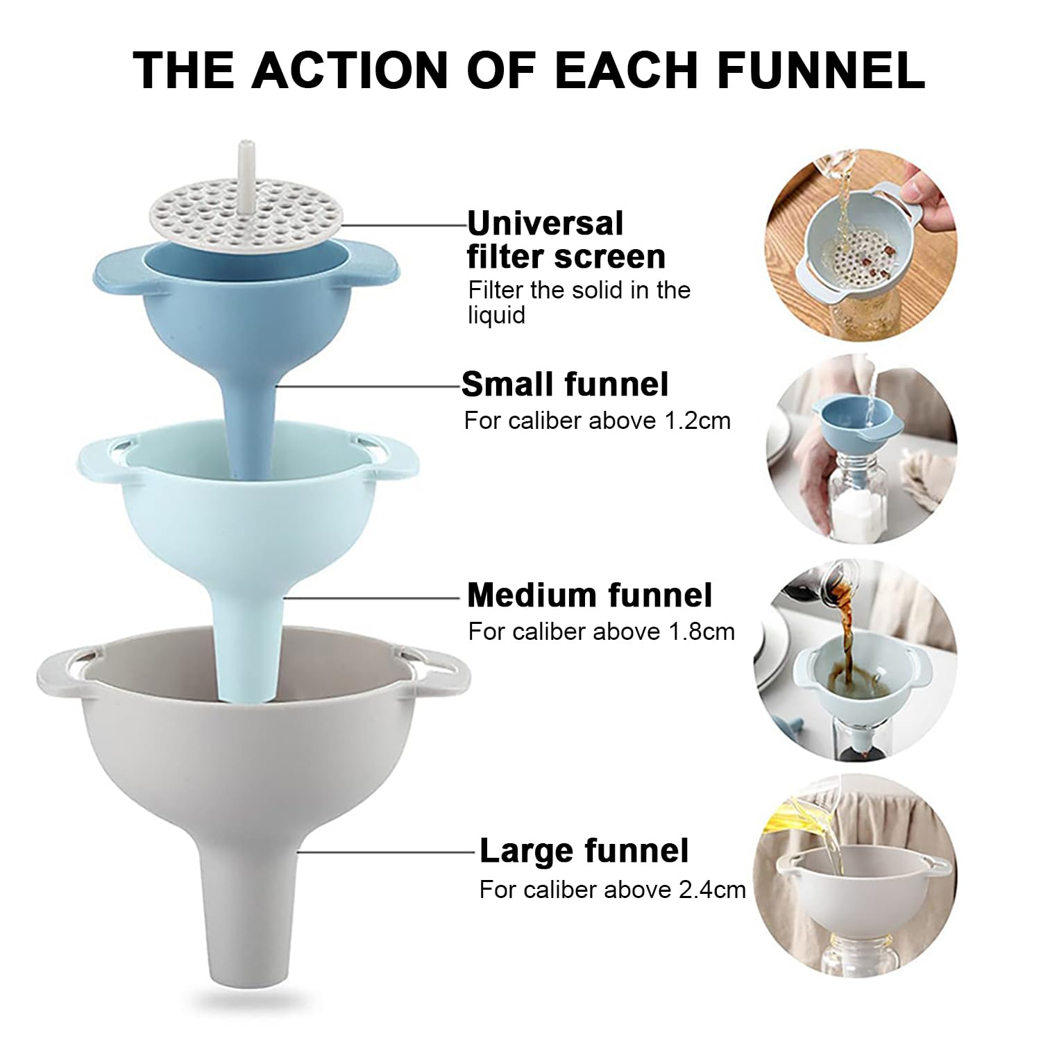 4-In-1 Kitchen Funnel Set with Strainer - Bpa-Free Plastic, 3 Sizes (2.5/4.6/12.8Cm), Kitchen Liquid Dispensing Filters Perfect for Oil, Liquid & Powder Transfer image number 6
