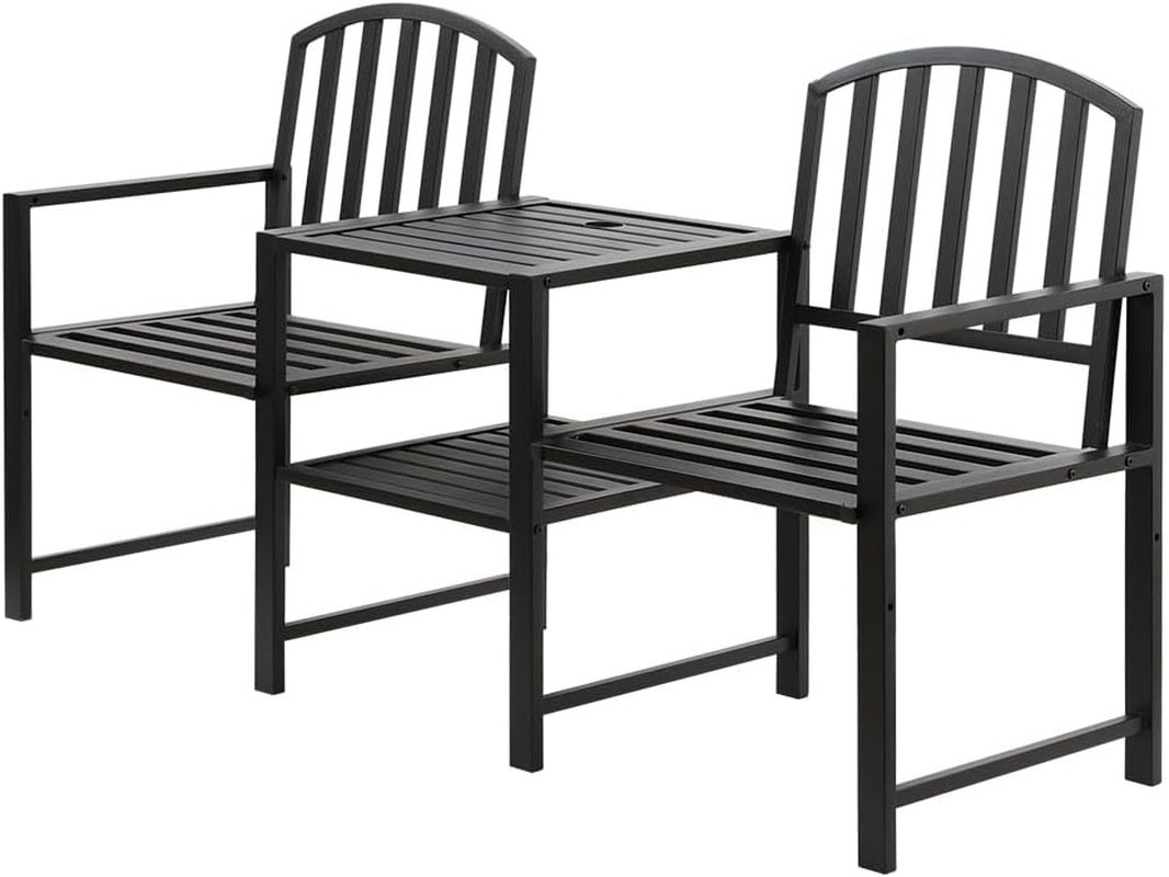 Gardeon Outdoor Garden Bench Seat, 2 Seater Steel Benches Lounge Chair Relax Patio Furniture Chairs Park Pool Backyard, with Folding Table Umbrella Hole Black image number 3