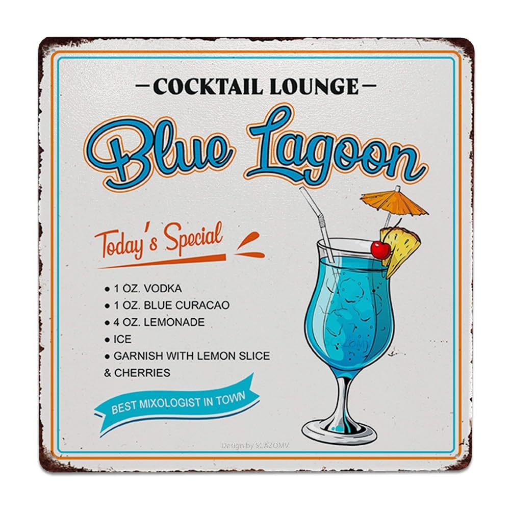 Cocktail Poster Vintage Metal Signs, Blue Lagoon Cocktail Recipes Tin Sign Decoration Bar Accessories Hanging Crafts Home Kitchen Pub Man Cave Wall Art Decor 8X8 Inch - Color060702 image number 4