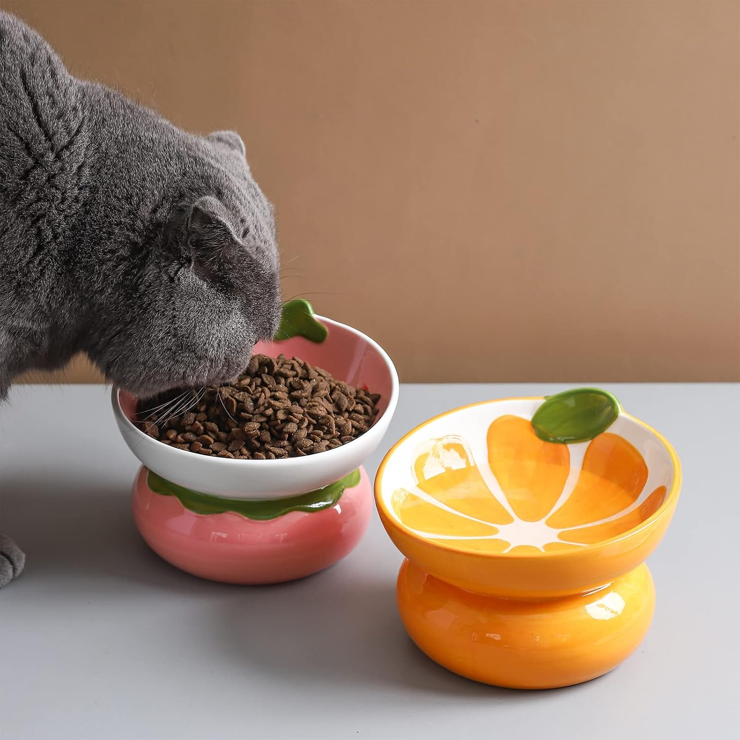 Ceramic Raised Cat Bowl, Elevated Cat Food Bowl for Indoor Cats, anti Vomiting & Protect Pet'S Spine, Cute Tilted Cat Dish for Flat Faced Cats and Kitten (Orange Shaped)