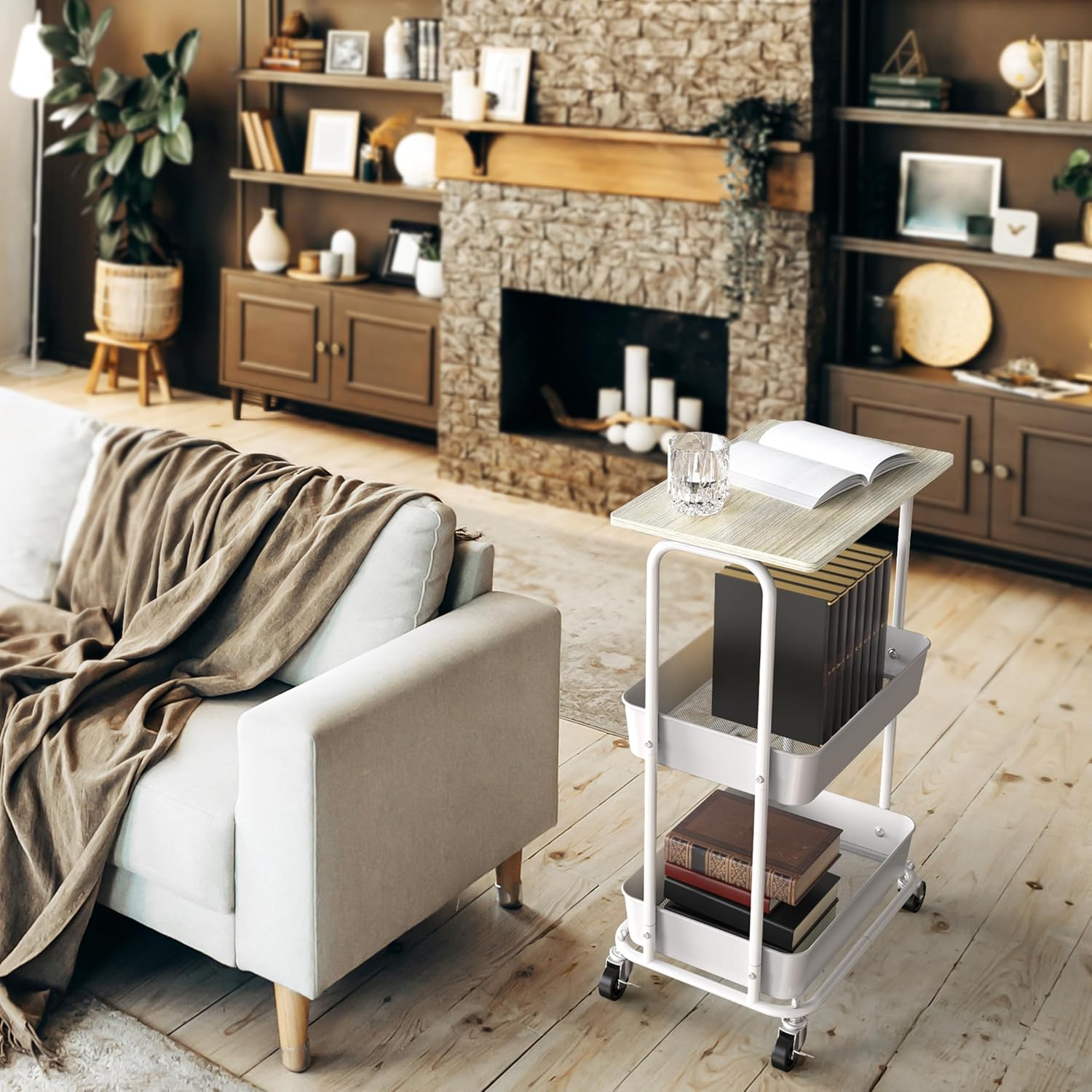 Simple Houseware 3 Tier Trolley Cart with Top Board, Metal Utility Cart, Maple image number 2