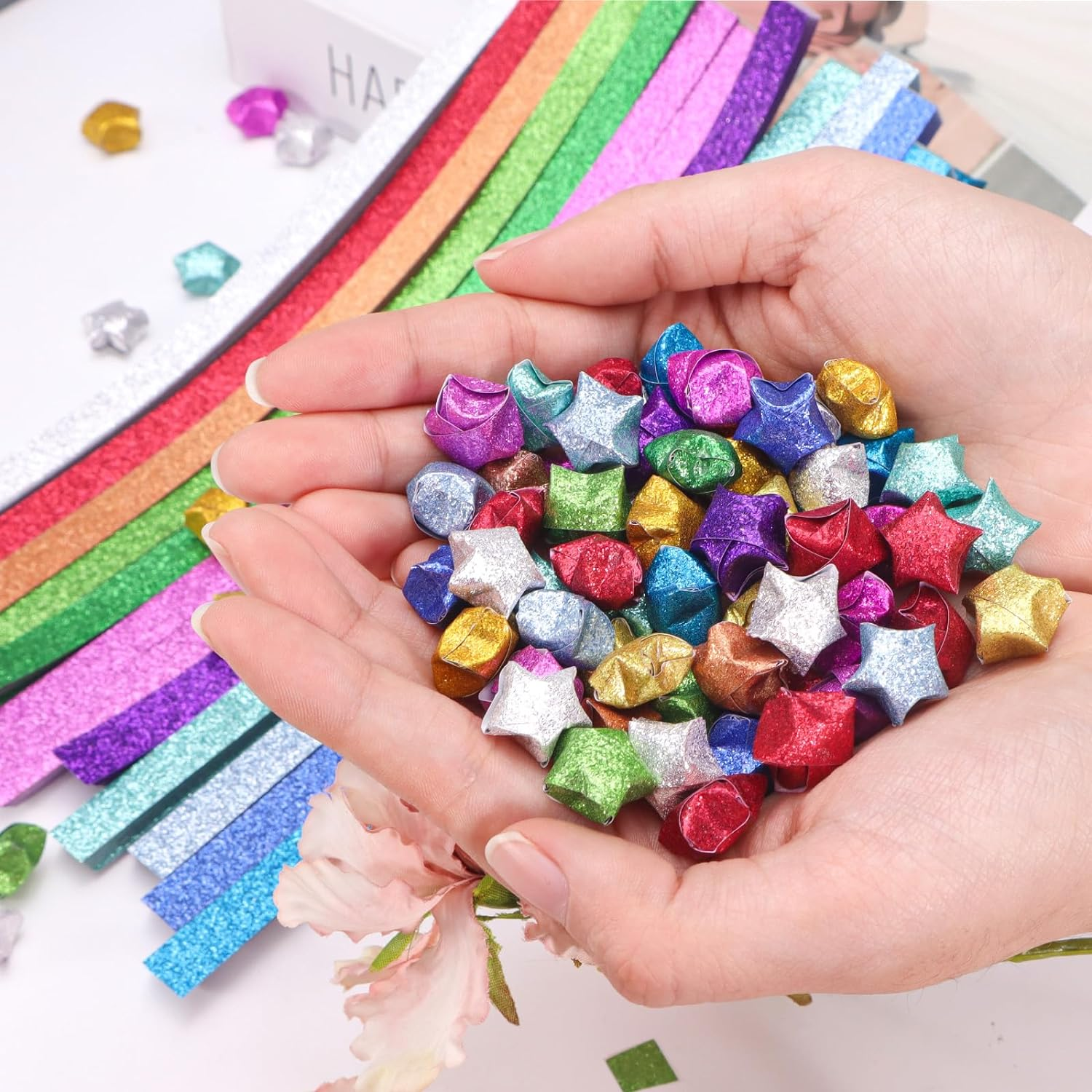 520 Sheets Glitter Origami Star Paper, 7 Colors Single Sided Paper Strips, Colourful Decoration Lucky Star Folding for Art Crafts Gift DIY Supplies image number 6