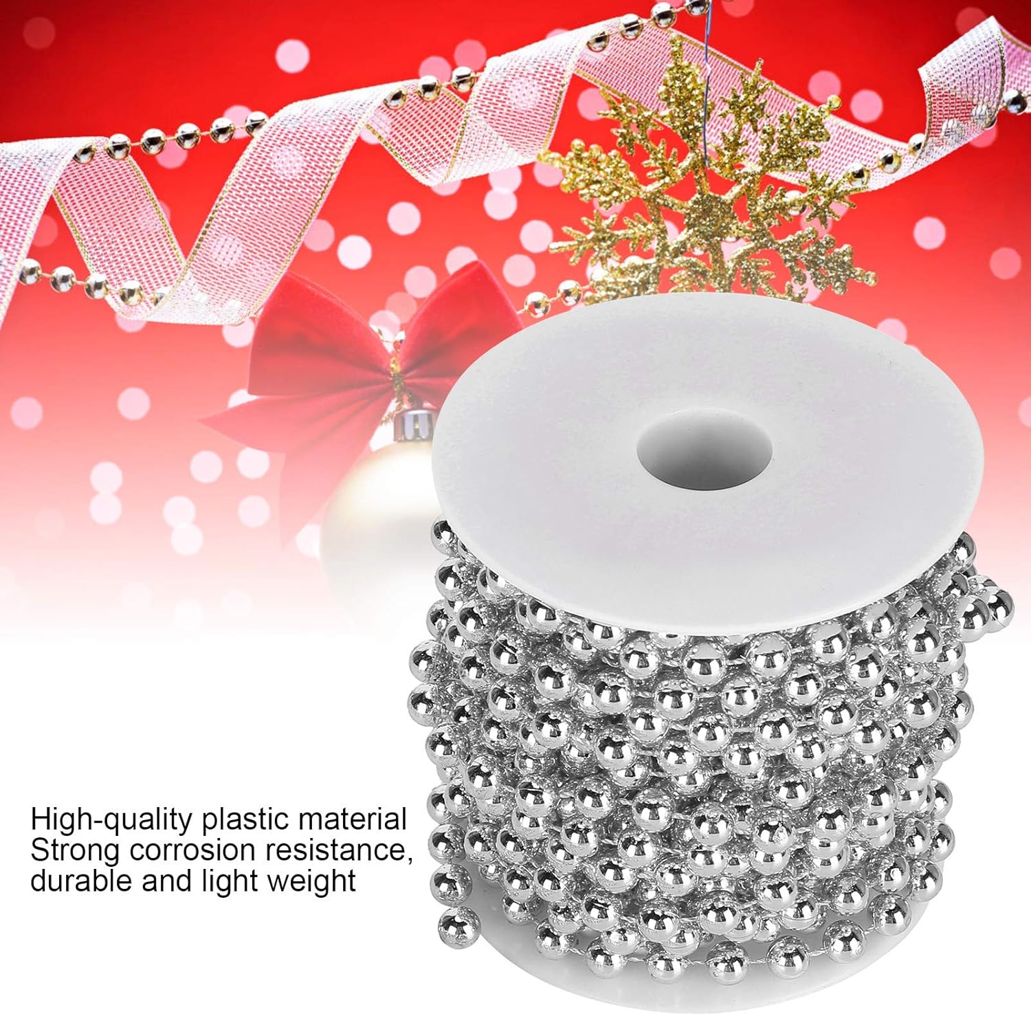 8Mm Silver Bead Hanging String, Silver Plastic Beads on String, Silvery Hanging Beads Garland for Christmas Decoration Wedding Party (10 Meter/Rollsilver) - Gold image number 2