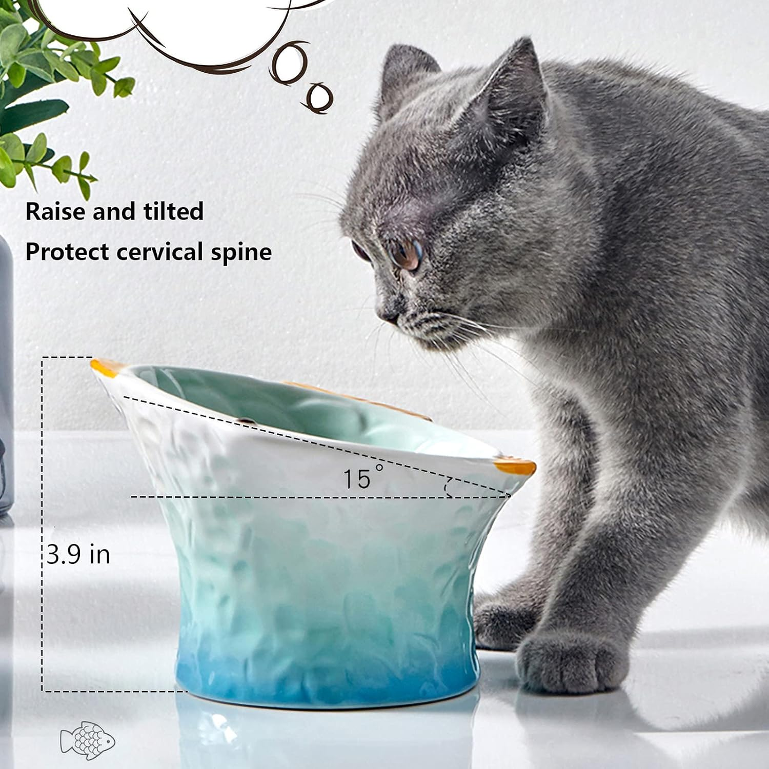 Raised Tilted Ceramic Cat Food Bowl, Cute Fish Shape Elevated Slanted Shallow Angled Cat Dish, Personalized Pet Feeder for Kitty Dry Wet Treats Feeding, Ergonomic anti Vomiting Whisker Friendly - Green image number 3