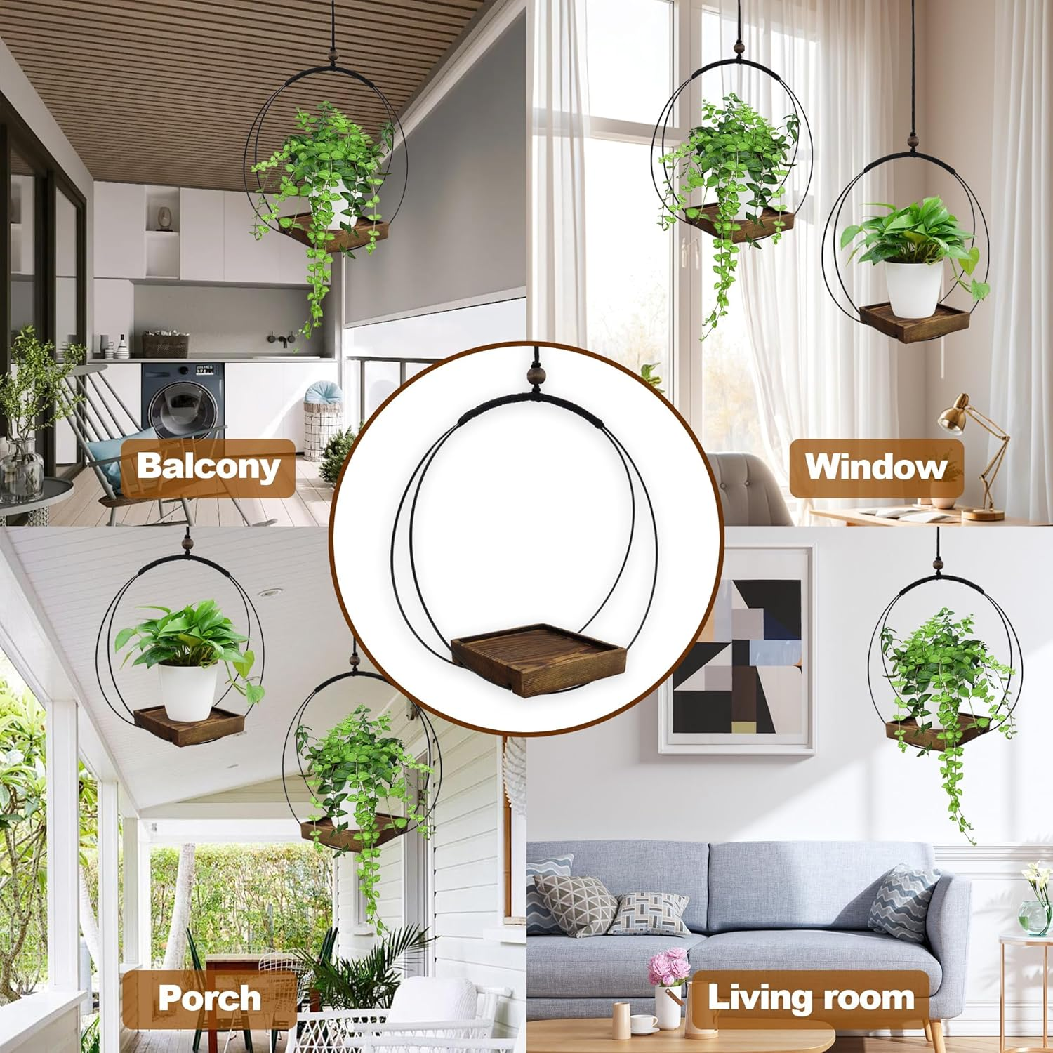 2 Pack Hanging Plant Holder, Metal Wall Hanging Planter with Wood Base, Plant Hangers Indoor, Hanging Flower Basket for Outdoors, Swinging Plant Pot for Room Ceilings Window (Brown) - Black image number 7