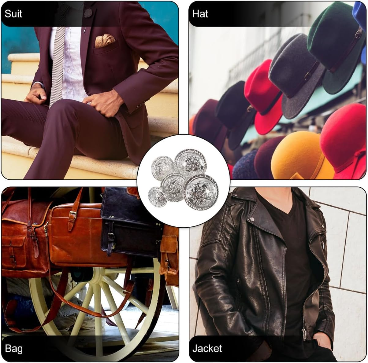 VICASKY 50PCS Metal Blazer Button Set, Silver Buttons for Jeans Button, Replacement Jeans Buttons Metal Silver Vintage Blazer Button Set /15.0MM,28L/18.0MM,34L/20.0MM,36L/23.0 MM,40L/25.0 - Silver image number 3