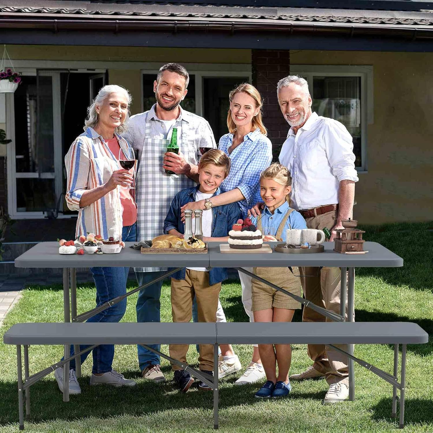 Costway 180Cm Outdoor Plastic Folding Bench, Portable Fold-In-Half Seat W/ 600Kg Capacity, HDPE Thickened Long Seat W/Handle & Lock, for Outdoor Camping Picnic Party Soccer Events (Gray) image number 2