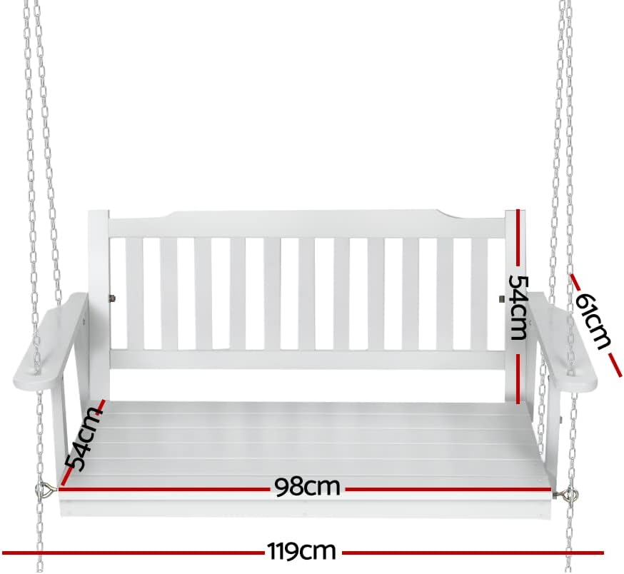 Gardeon Outdoor Porch Swing Chair Wooden 2 Seater White Garden Bench Hanging Seat, Patio Baconly Furniture Chairs, with Metal Chains Water Resistant 300Kg Capacity image number 4