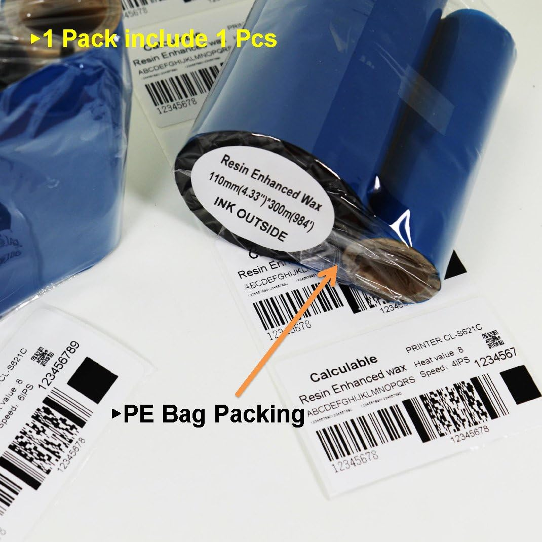 Calculable Resin Enhanced Wax 4.33" X984' (110Mm X 300M) 1" Core 1" Vice Core Ultra Durable Thermal Transfer Wax Ribbon for Zebra Desktop Printer S4M Z4M 105SE 105S 105SL 105Slplus 160S S500 S600.Etc image number 1