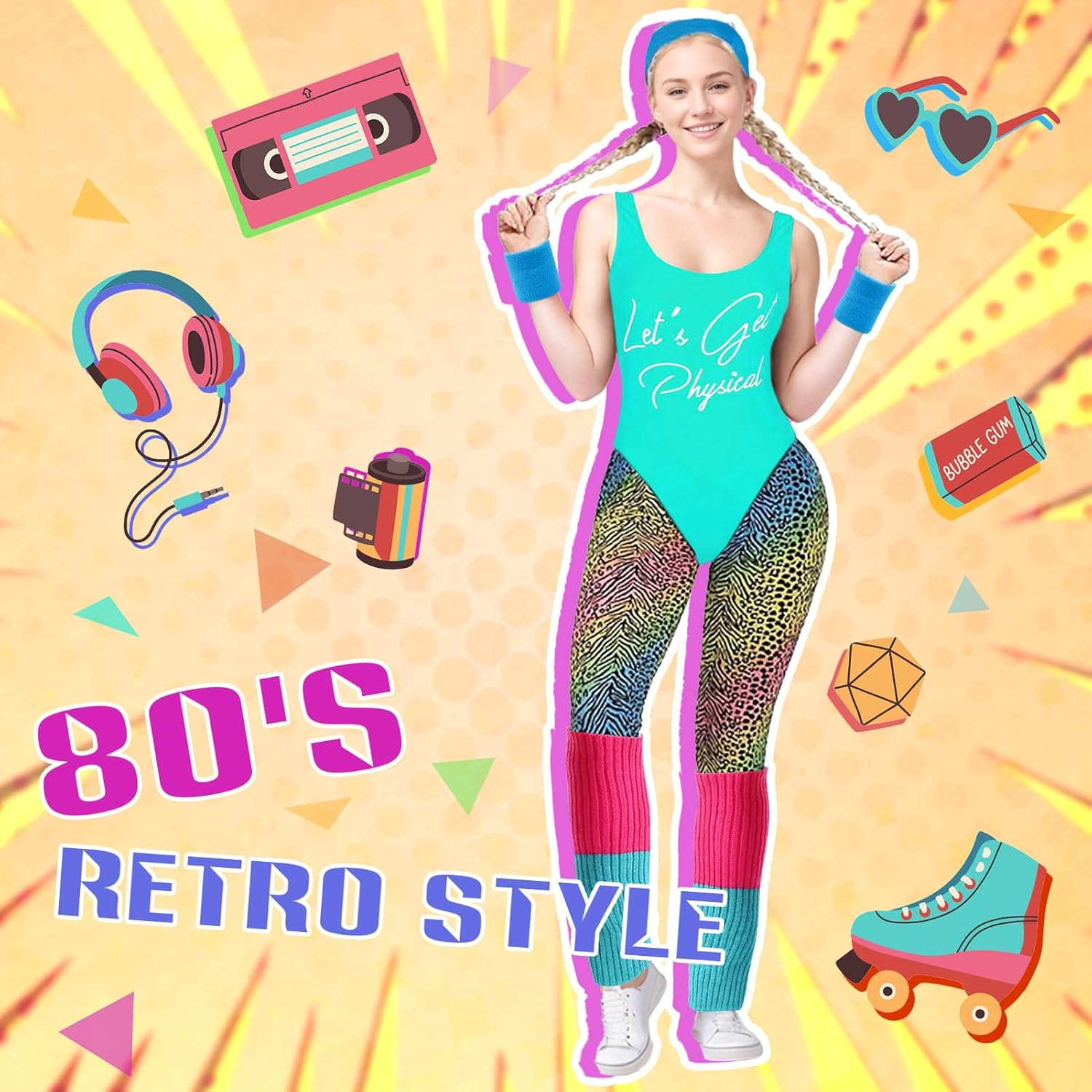 80S Costume Women 80S Workout Costume 70S 90S Retro Tracksuit with Vest Bottoms Leg Warmers Inflatable Radio Wrist Wraps Headband Set for 1980 Retro Parties Hen Do Parties Ladies image number 5