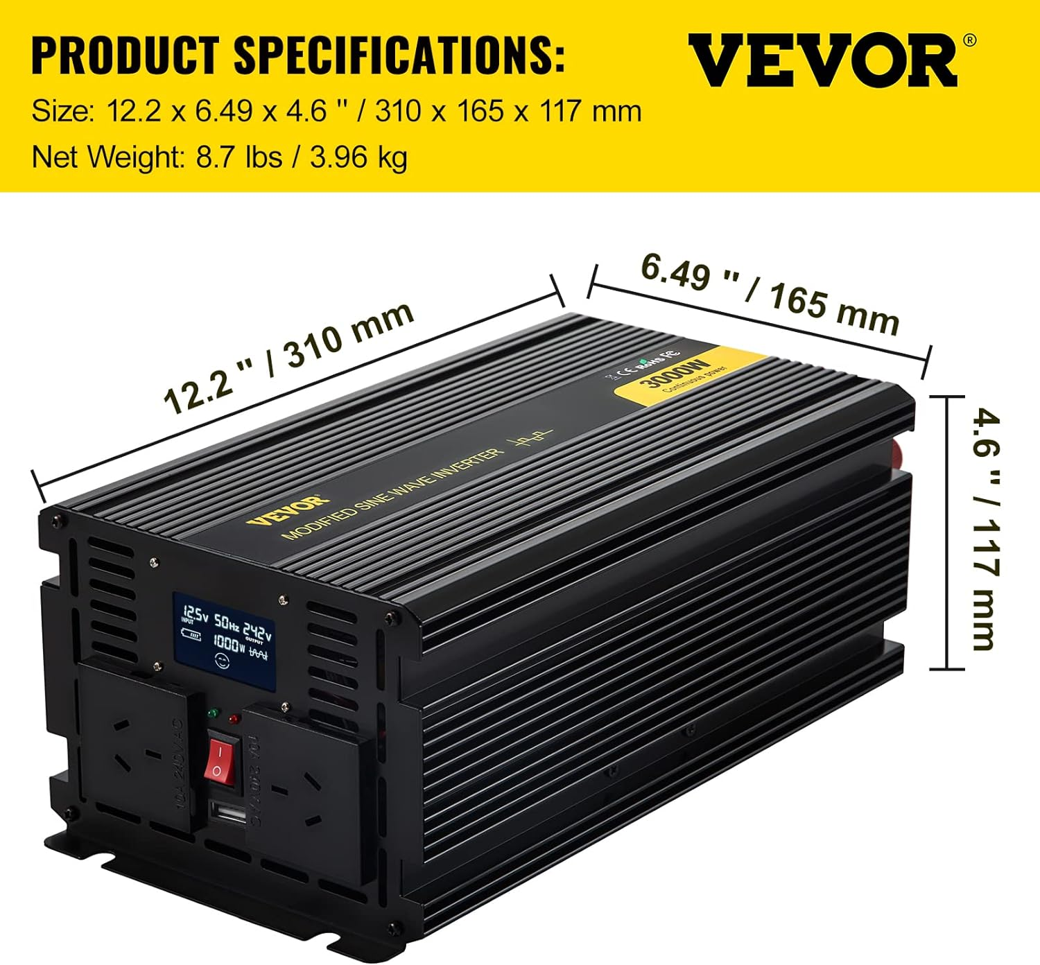 VEVOR Power Inverter 3000W Modified Sine Wave Inverter DC 12V to AC 240V Car Converter with LCD Display Remote Controller LED Indicators AC Outlets Power Inverter for Car RV Truck Boat Travel Camping