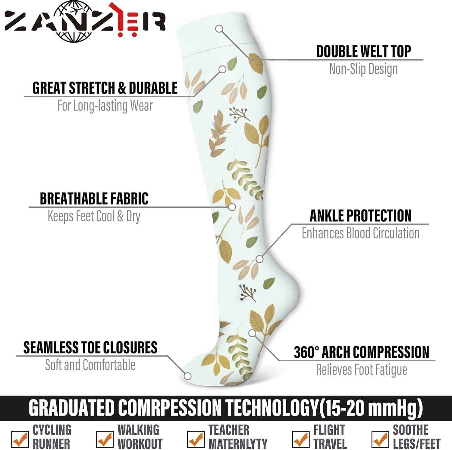ZANZER (6 Pairs) Compression Socks for Women & Men Circulation-Graduated Supports Socks for Running, Athletic Sports image number 4