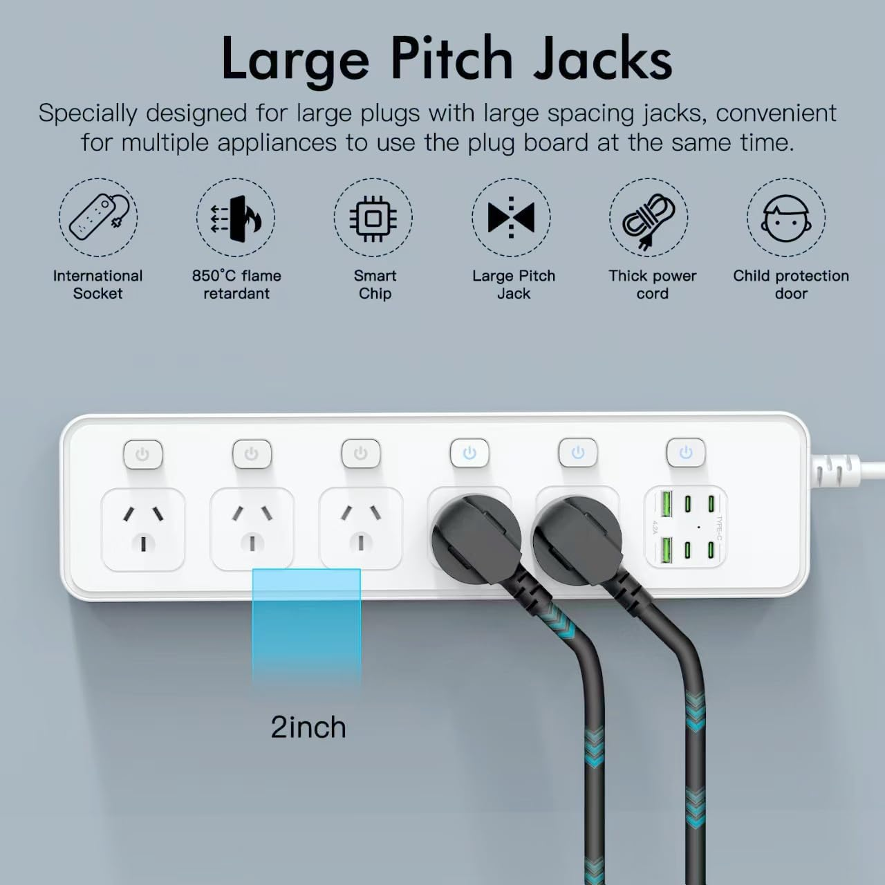 Power Board Individual Switch,11-In-1 Power Strip with 5 AC Outlets, Surge Protector Powerboard with 6 USB Ports(4 USB C Outlets), 1.8M Extension Cord Power Strip,Wall Mount for Home Office White
