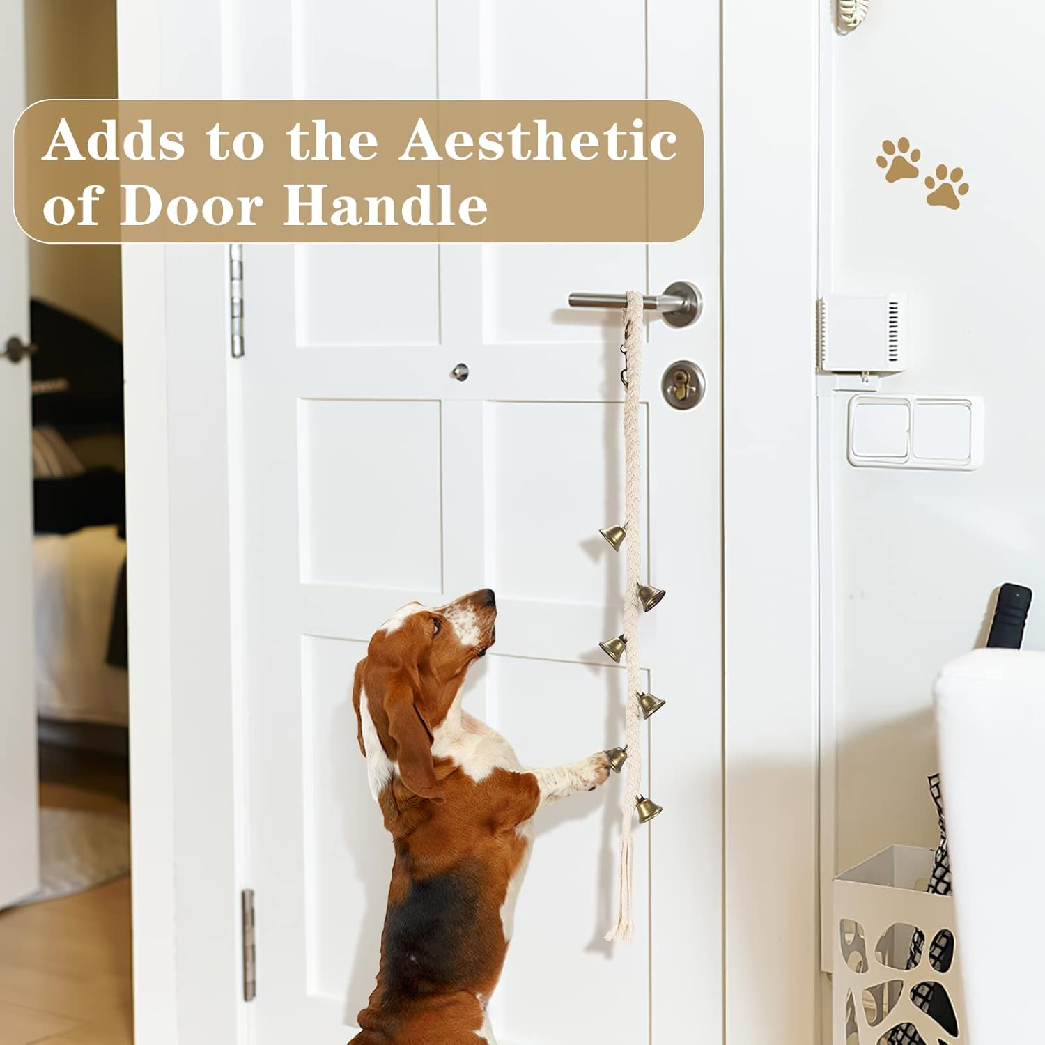 KLOGTSIND Dog Bell for Door Potty Training, Cotton Handwoven Dog Doorbell with 6 Extra Loud Bells for Dog Training, Adjustable Hanging Door Bell for Small Medium Large Dogs to Ring to Go Outside - Gold; 2 Pack image number 3