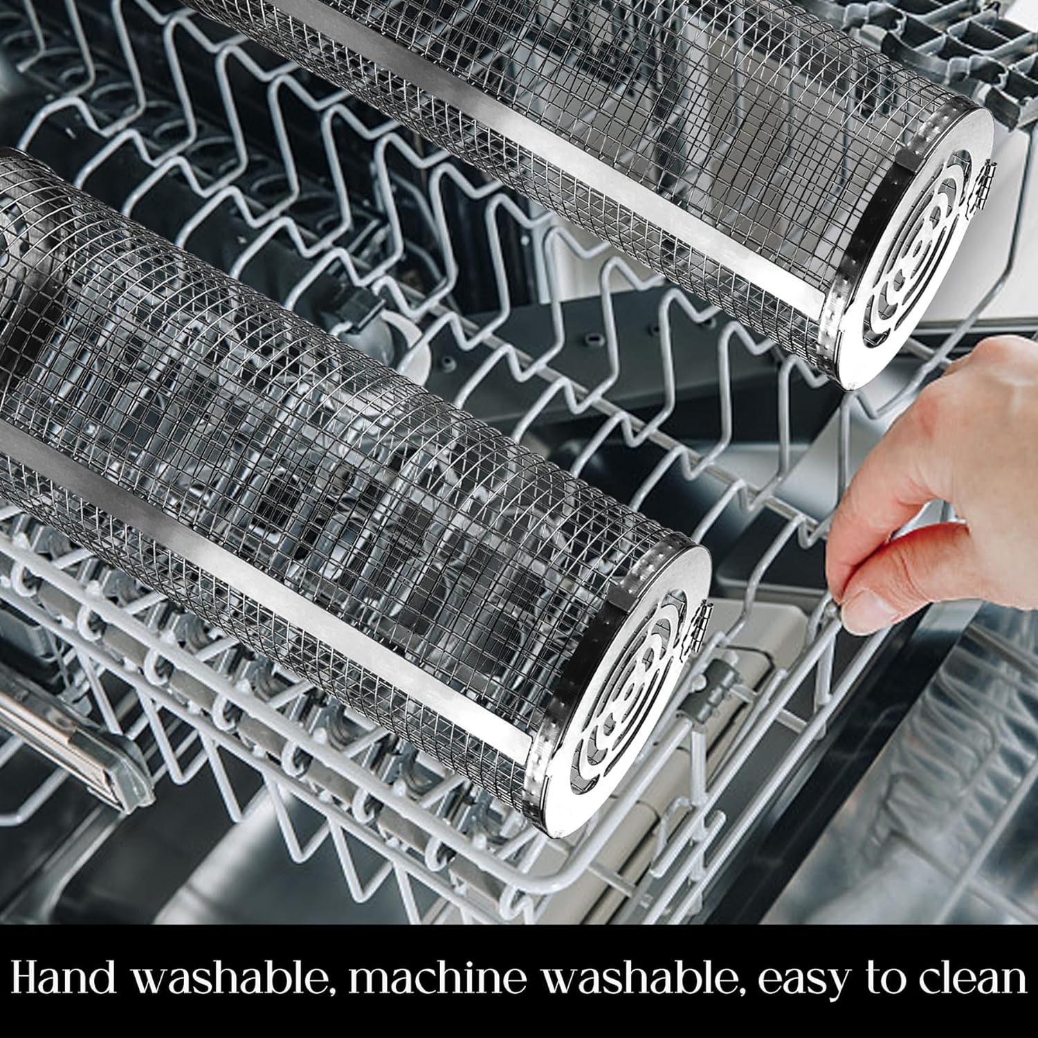 Stainless Steel Rolling BBQ Grill Basket - Large Mesh Cage for Vegetables Fish Meat - Camping Accessories BBQ Tools - Fathers Day & Birthday Gifts for Mens Dad Husband - Outdoor Cooking Gear image number 2