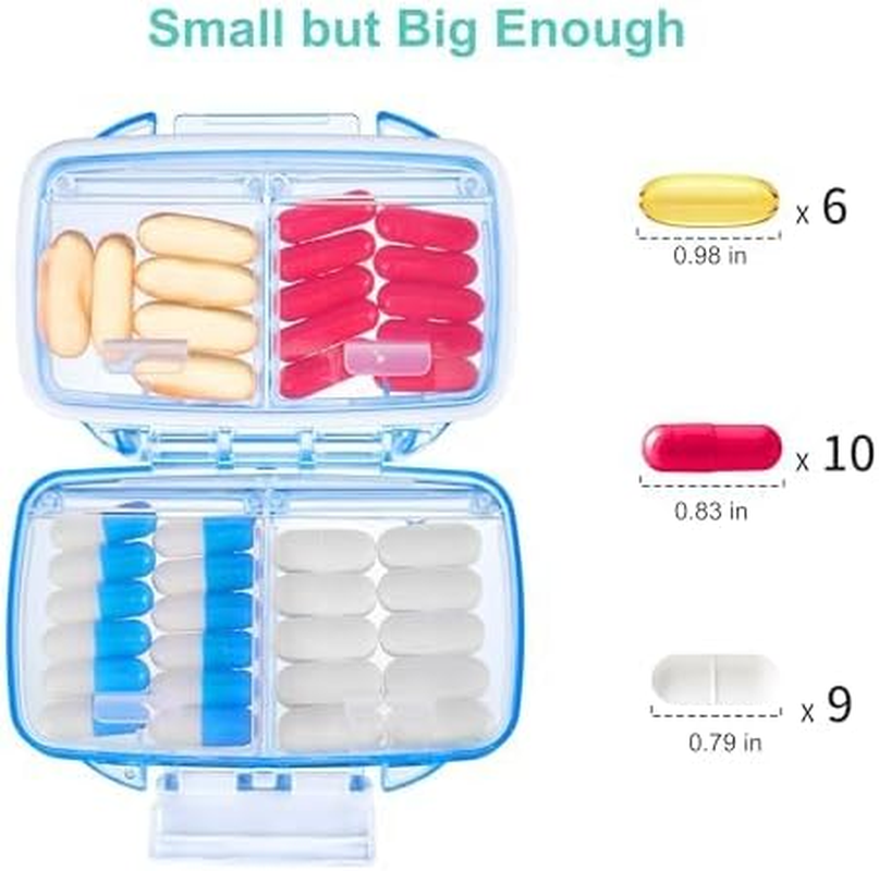 Fullicon 2 Pack Travel Pill Organiser, 4 Compartments Portable Pill Box, Moisture Proof Small Pill Case with Labels, Travel Pill Organizer with Double Lock, Pocket Pharmacy for Vitamin & Fish Oil (Blue) image number 5