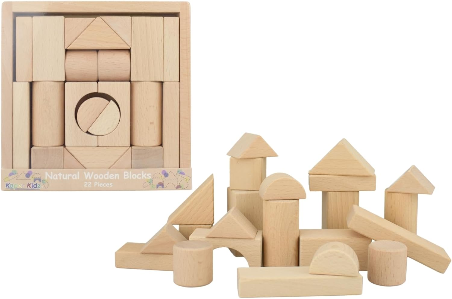 Kaper Kidz - Natural Wooden Blocks - 22PCS - Beech Wood Set for Toddlers/Kids image number 1