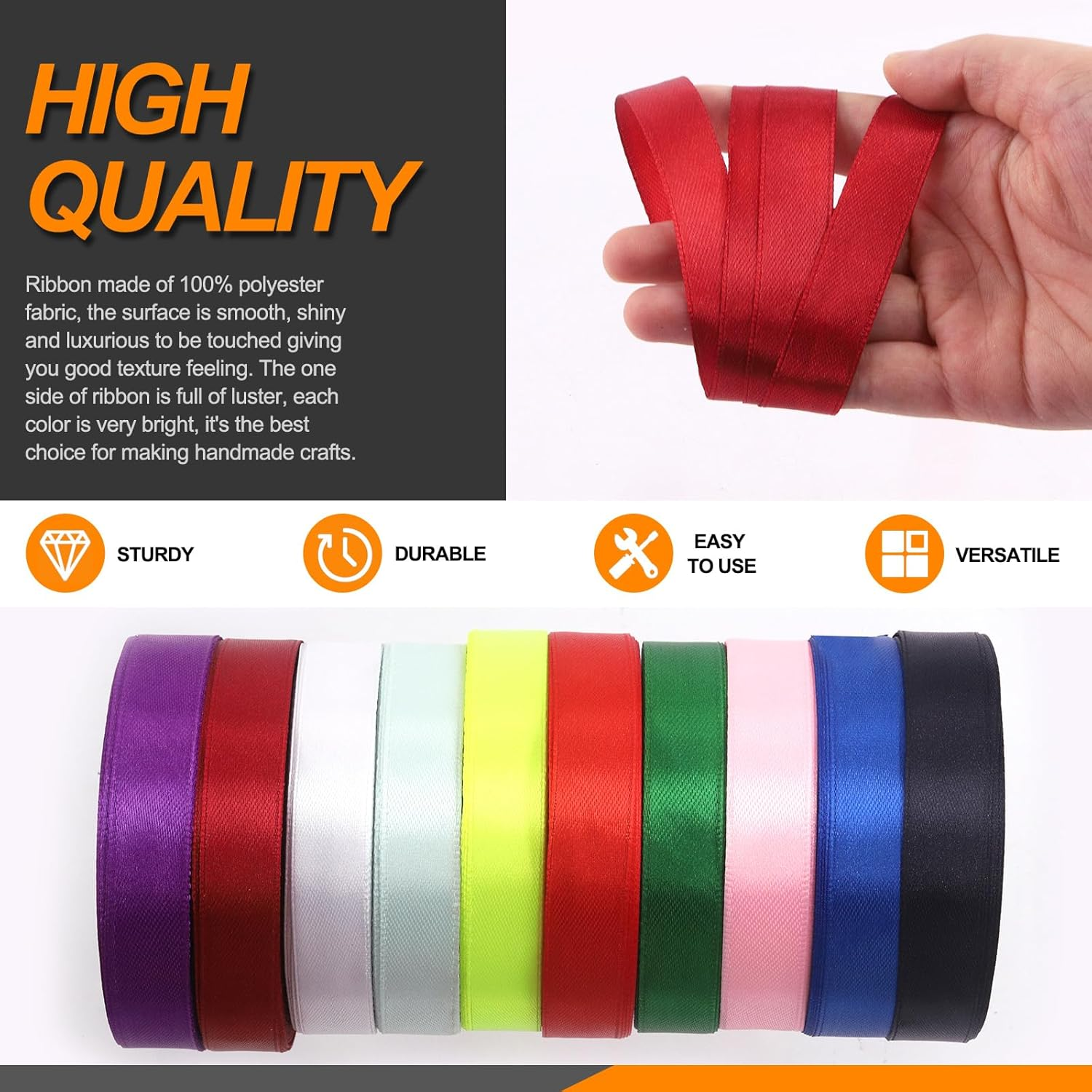 10 Rolls Satin Ribbon Assortment Kit 10 Solid Colors 3/5 Inch X 24.6 Yards Double Face Fabric Satin Ribbon Gift Wrapping Ribbon for Gift Wrapping Bow Making Decor Crafts (1.5Cm X 22.5M) - 20Mm X 22.5M Rainbow image number 3