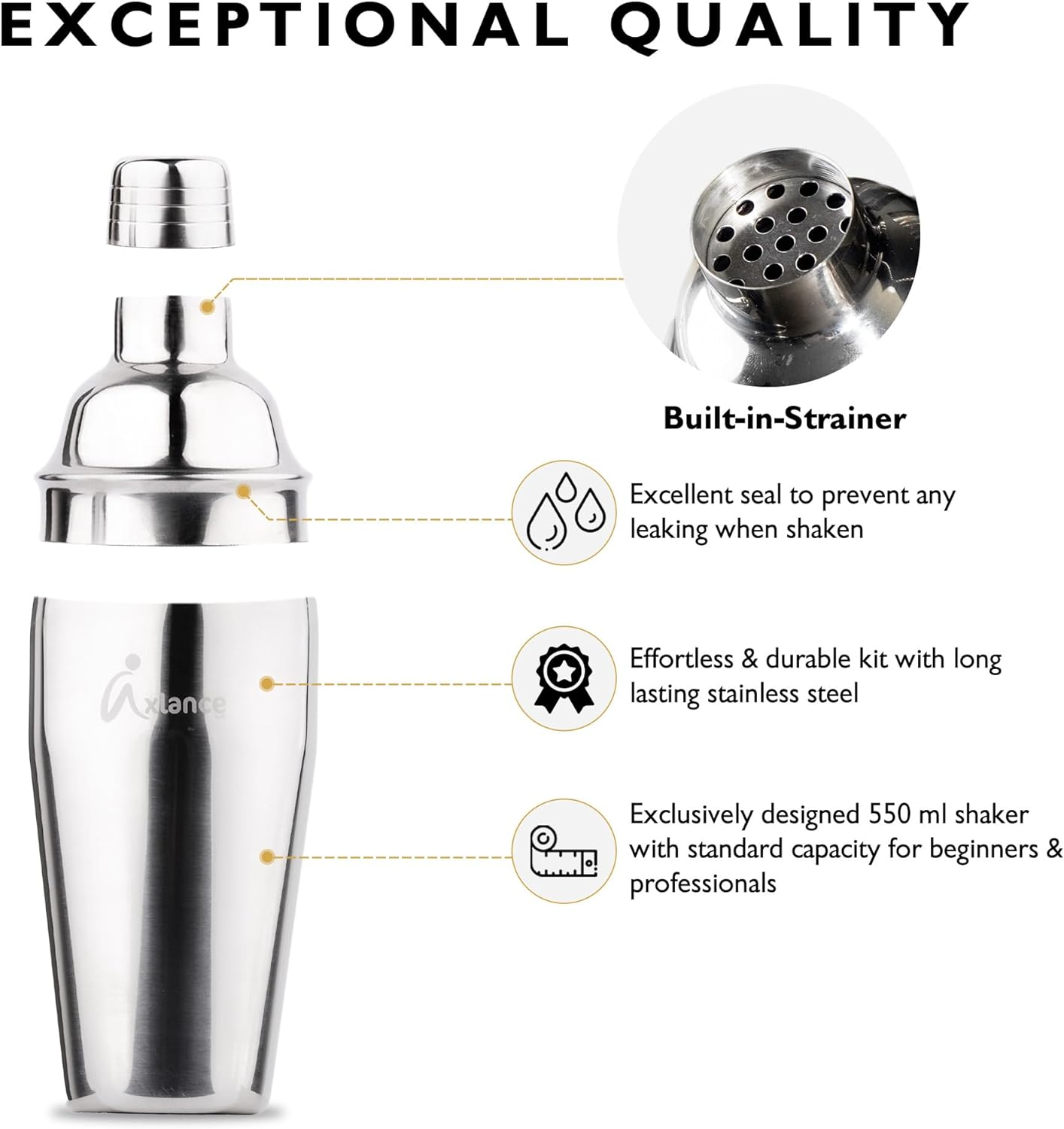 Cocktail Shaker Set 8 Pcs in Premium Packaging - Complete Cocktail Set - High Grade 304 Stainless Steel - 550Ml Cocktail Kit, Double-Sided Jigger - Including Cocktail Recipes Bonus image number 3