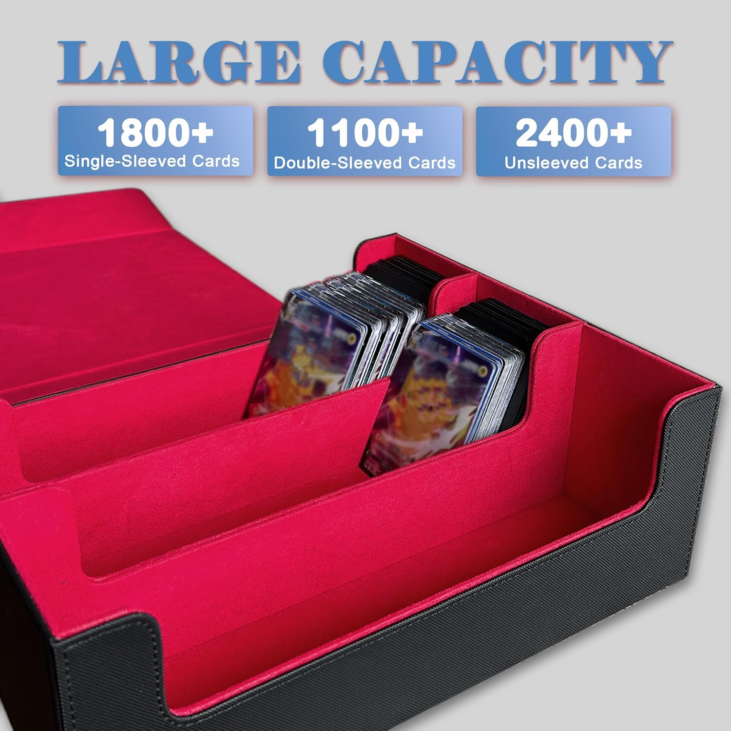 Card Deck Case for Trading Cards 1800+, Card Deck Storage Box, Leather Magnetic Closure Commander Storage Box, Fit for Yugioh, MTG, TCG and Sport Cards (Black Red) image number 1