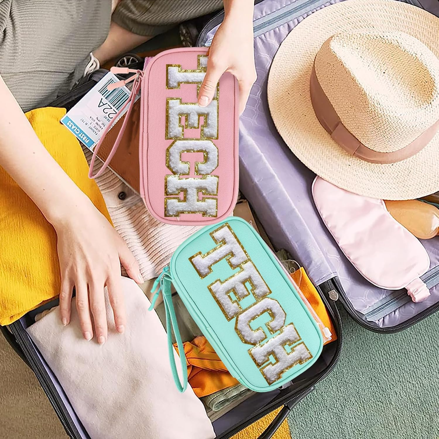 COSHAYSOO Electronics Organizer Bag Travel with Chenille Letter Patch TECH Traveling Must Have Accessories Cute Personalized Gift for Women Cable Cord Charger Storage Pouch (Greenish Blue) image number 4