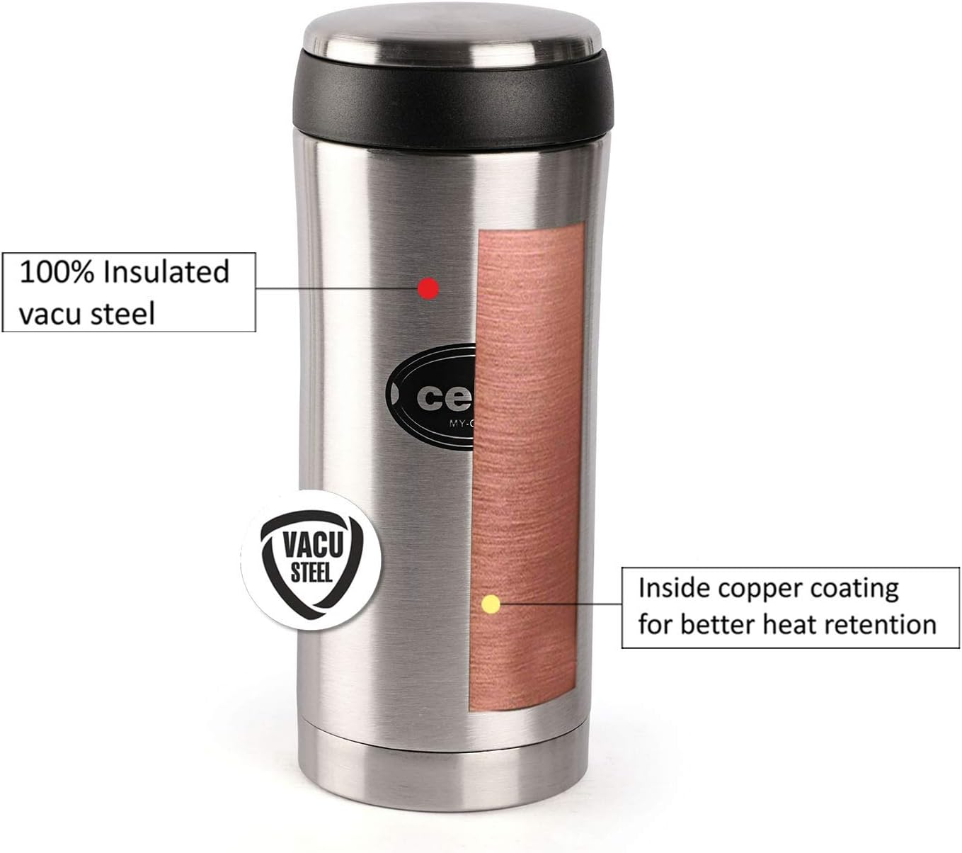 Cello My Cup Stainless Steel Vacuum Insulated Flask | 24 Hours Hot and Cold Threaded Lid Flask Bottle for Office Travel Home Outdoor | Silver - 500 Ml image number 5
