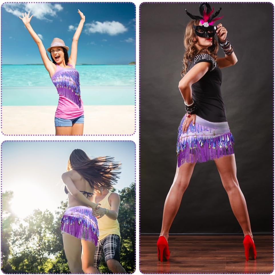 LZYMSZ Belly Dance Hip Scarfs,Girls/Women'S Wave Shape Skirts Wrap with Sequin,Purple Chiffon Tassel Skirt Waist Costume Belt for Festival Club Summer Beach Dance image number 3