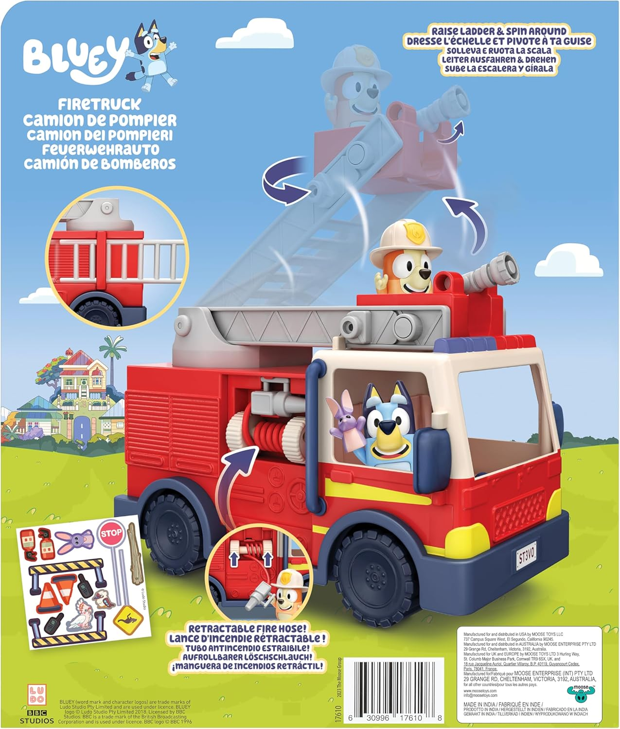 BLUEY Firetruck Firetruck, Exclusive Firefighter Bingo and Bob Bilby Figures Raise the Ladder, Spin It around and Roll Out the Hose Includes Sticker Sheet image number 2