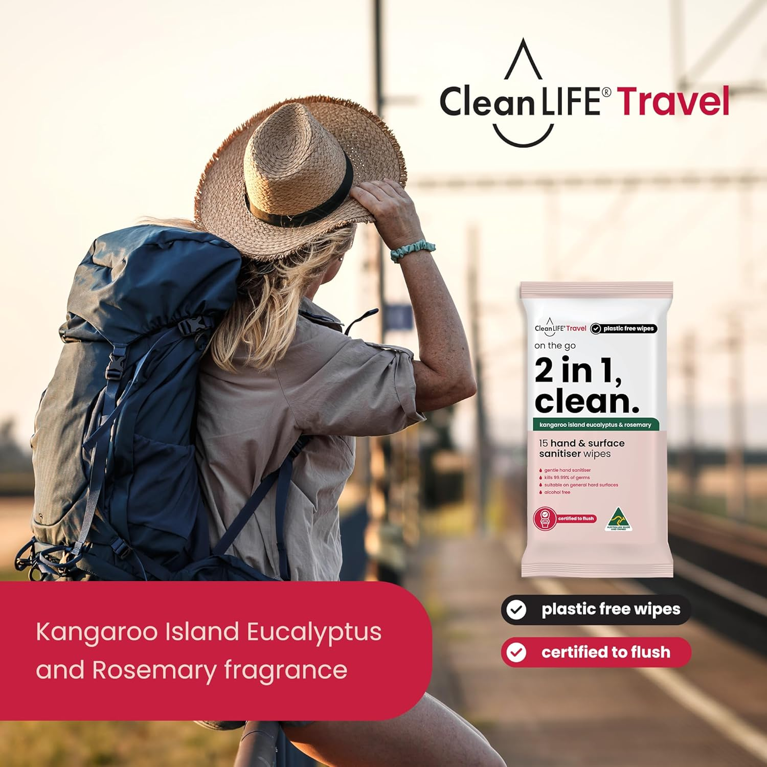 Cleanlife 2-In-1 Hand & Surface Sanitising Wipes &ndash; Disinfecting Antibacterial Cleaning, Alcohol-Free, Plant-Based, Flushable, Kills 99.99% of Germs, 15 Wipes Pack