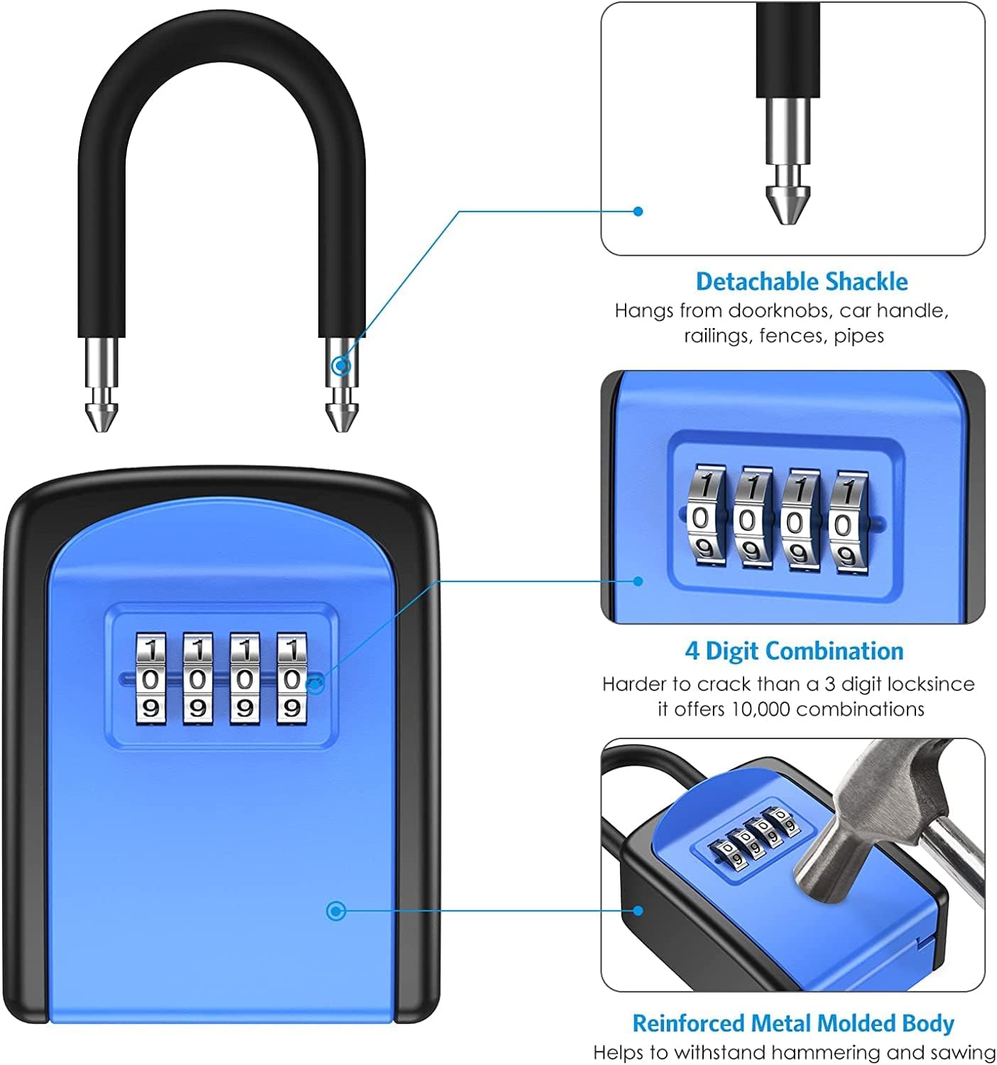 Key Lock Box, Wall Mounted Key Safe Box, Weatherproof 4 Digit Combination Key Storage Lock Box, 5 Keys Capacity with Removable Shackle for Indoor Outdoor, Small Size 3.66Inch image number 3