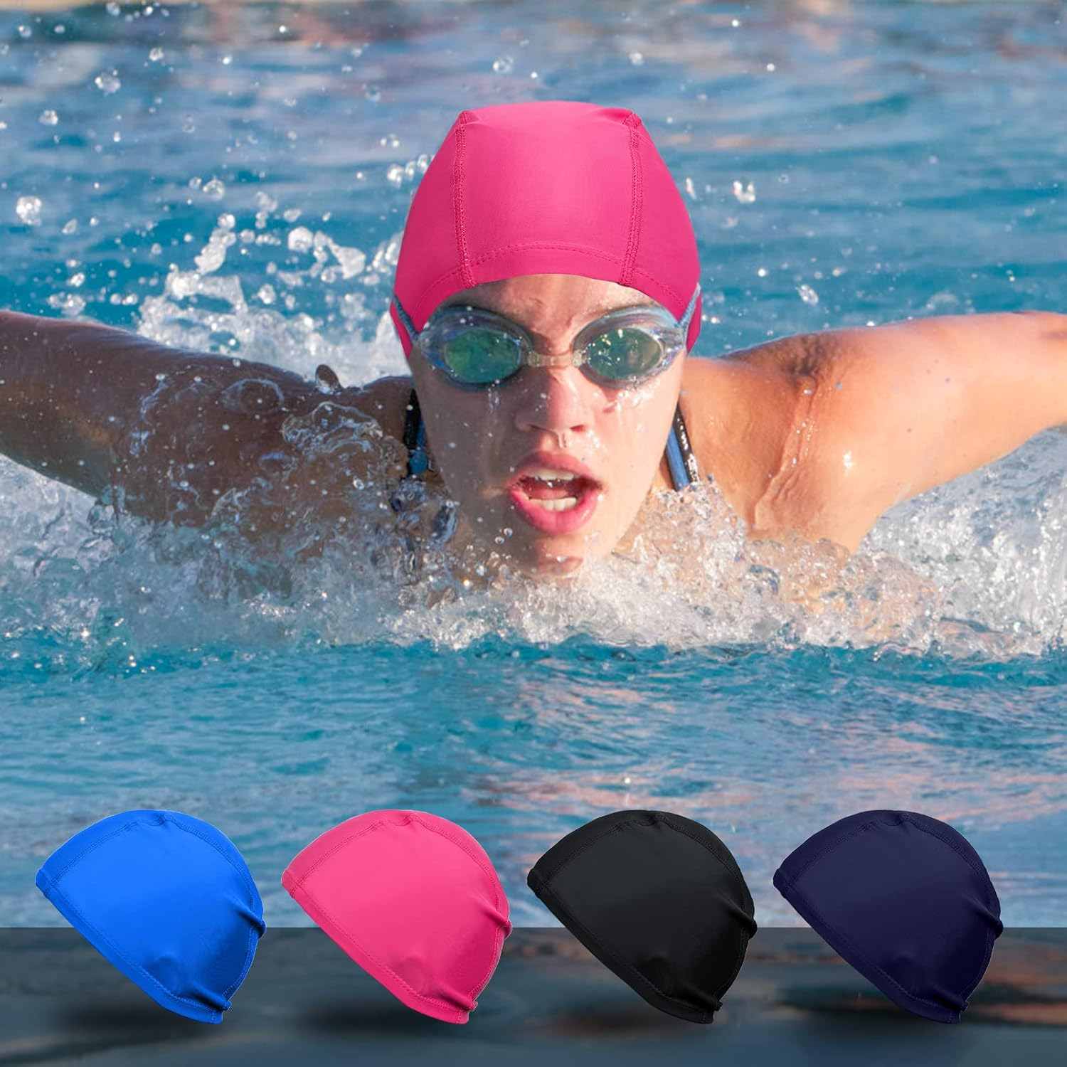 2 Pcs Elastic & Lightweight Swimming Caps, Comfortable Fabric Swimming Hats for Women Men Kids and Adults, Unisex Nylon/Non-Slip Bathing Caps for Long Short Hair image number 6