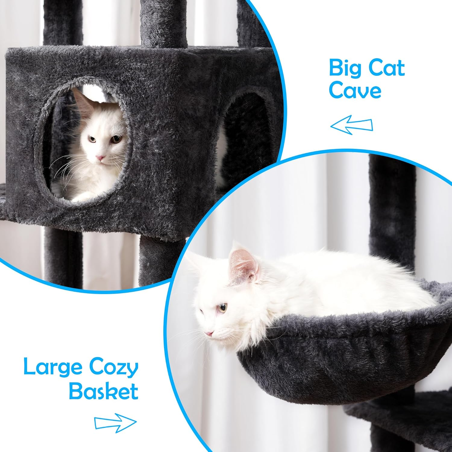 Hey-Brother Cat Tree with Large Top Perch and Hammock, 150 Cm Multi-Level Cat Tower for Indoor Cats, Cat Condo with Sisal-Covered Scratching Posts, Smoky Gray MPJ057G image number 3