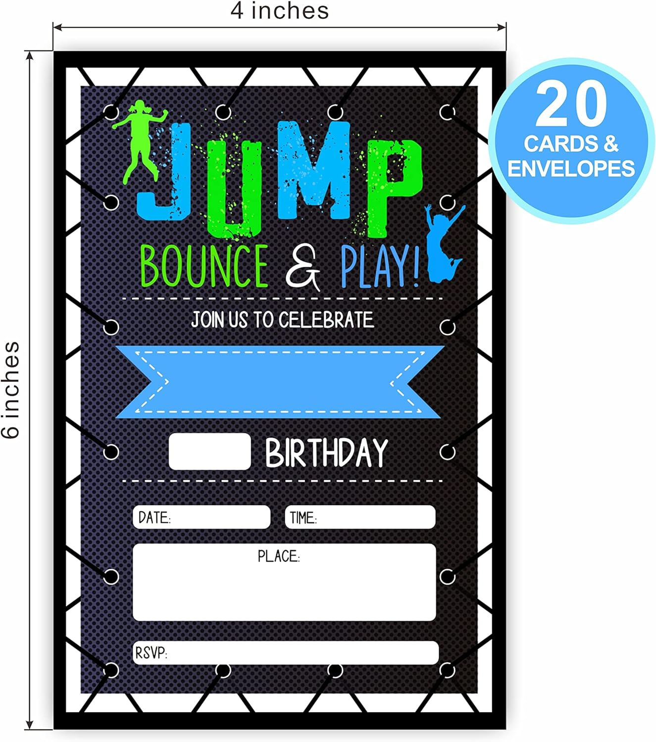 Jump Bounce & Play Birthday Invitations, Trampoline Birthday Party Invites Decorations, Kids Adults Birthday Party and Events Supplies, 20 Fill-In Invites Cards with Matching Envelopes（Yqk-B01）