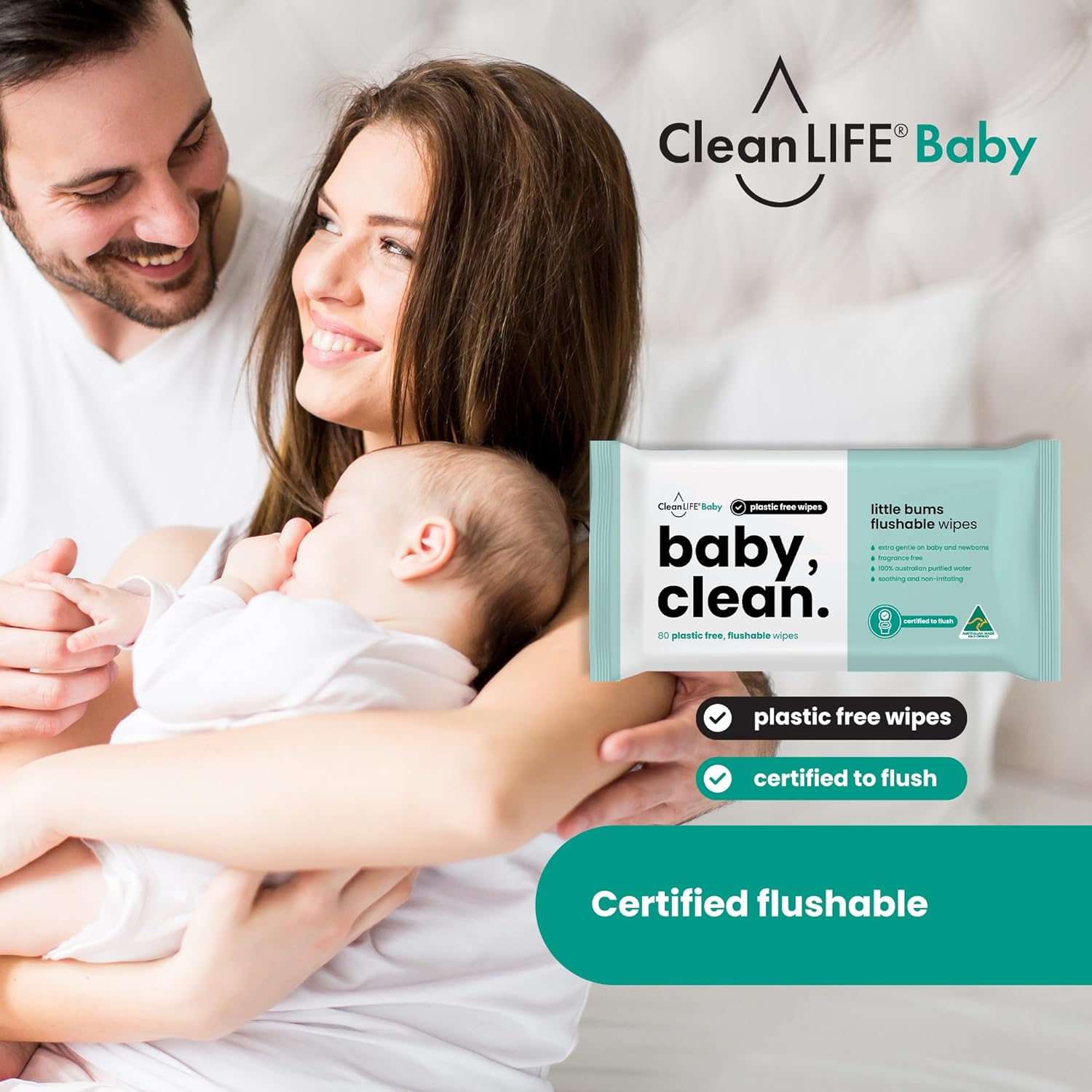 Cleanlife Flushable Biodegradable Aloe Vera Baby Wet Wipes - Fragrance Free, Hypoallergenic, 100% Plant Based, Unscented, Sensitive Skin, Nappy Change, Septic Safe, 80 Wipes, 12Packs