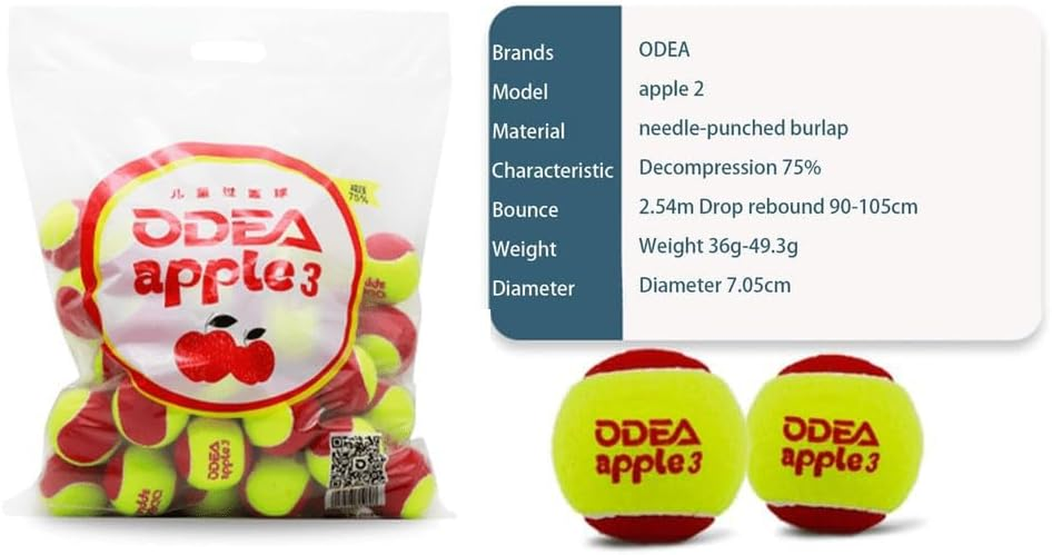 Odea Stage 3 Apple 3 Low Compression Tennis Balls - Slower Speed, Reduced Bounce, Ideal for Beginner