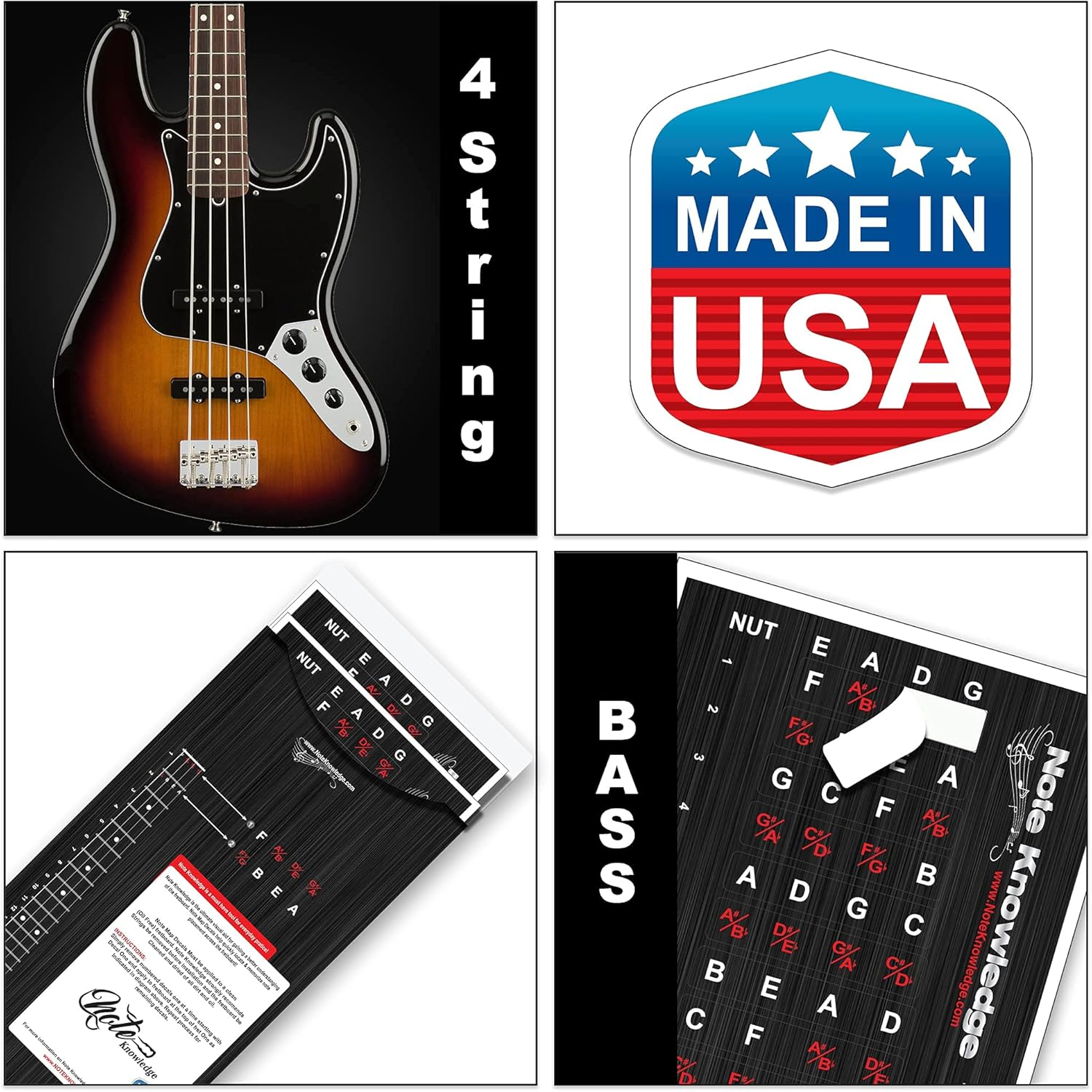 Bass Guitar Fretboard Note Map Decals/Stickers 2-Pack for Learning and Practicing Notes on Bass Guitar