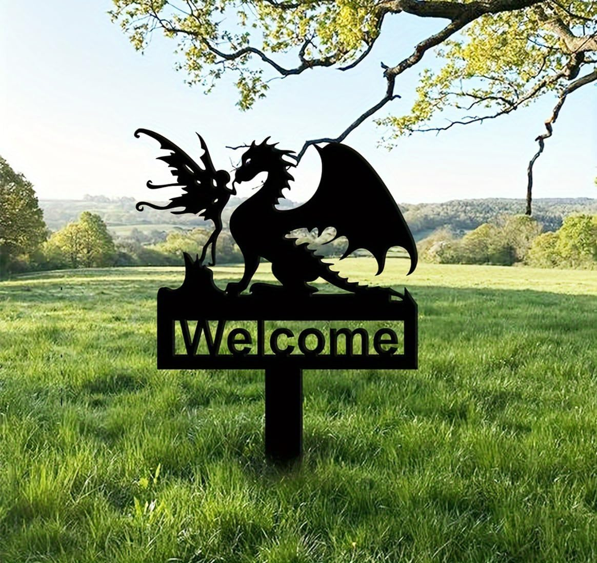 Metal Welcome Stake Garden Sign,Cute Fairy Dragon Metal Decor for Outdoor Yard Art, Garden Decor,Lawn Ornaments image number 2