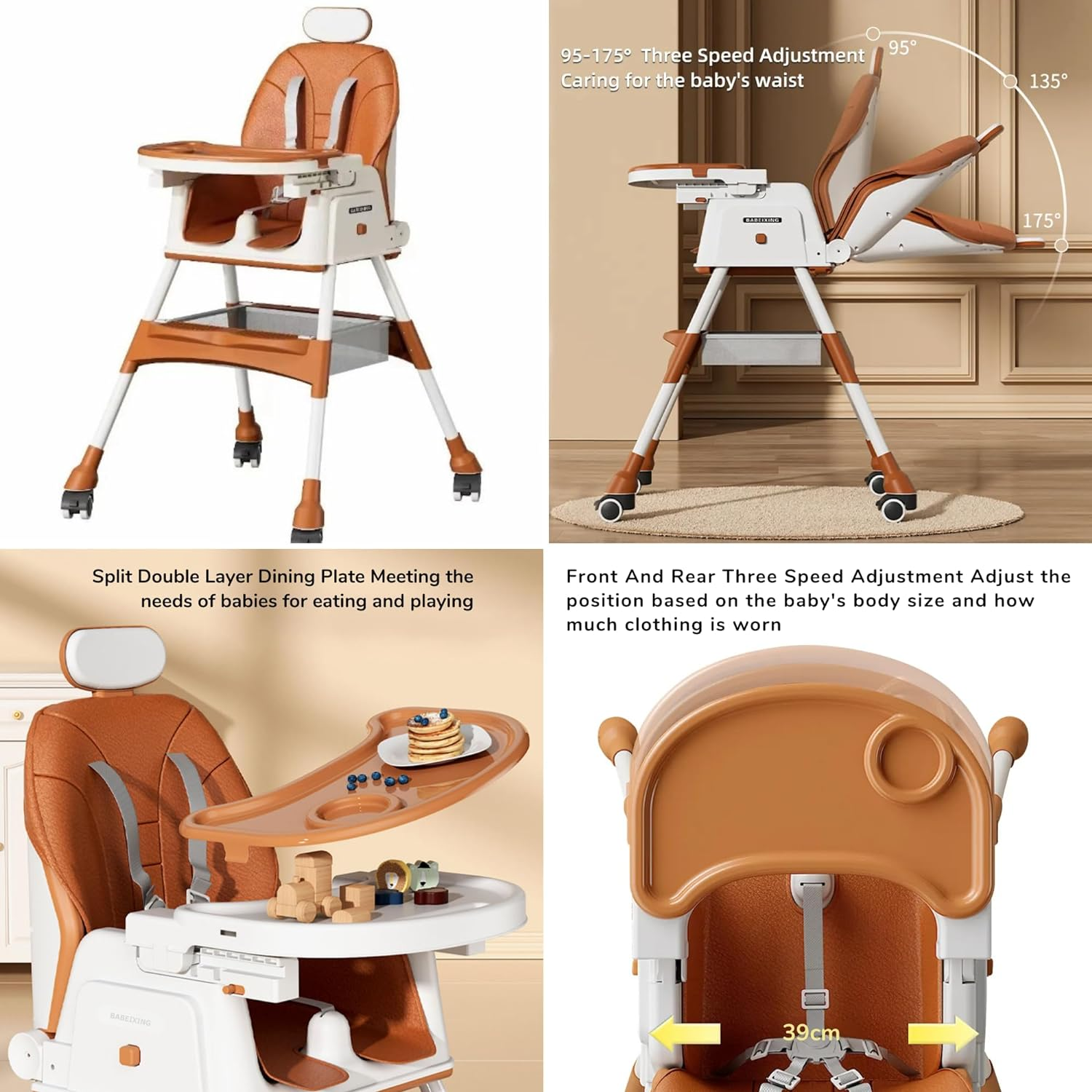 New Multifunctional Baby Highchair with 4 Wheels | Infant/Toddler Dining Chair Adjustable Highchair | Multi-Gear Tray, Removable Seat Cushion & 5 Point Harness, Portable High Chair (Brown) image number 2