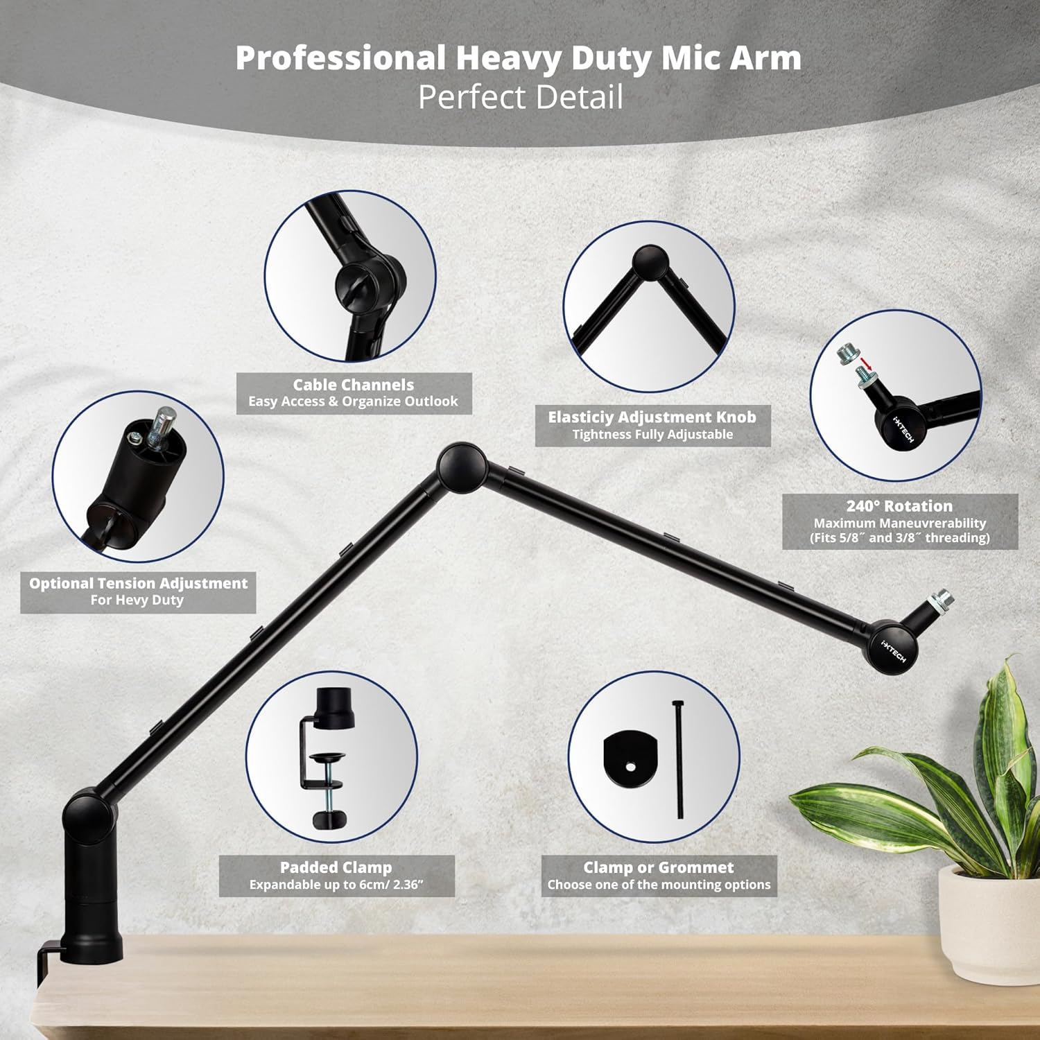 IXTECH Microphone Boom Arm with Desk Mount, 360&deg; Rotatable, Adjustable and Foldable Scissor Mounting for Podcast, Video Gaming, Radio and Studio Audio, Sturdy and Universal - Elegance Model image number 1