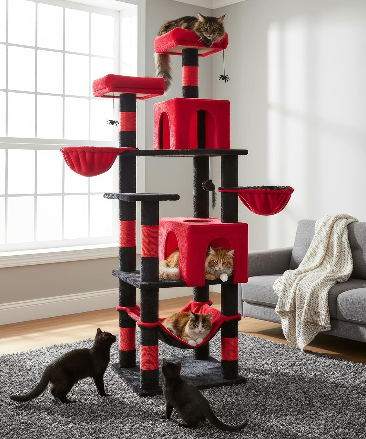 AMHANCIBLE Cat Tree, 180 Cm Tall for Indoor Adult Cats, Large Multi-Level Tower with Scratching Post, Hammock, Condos, Hanging Basket, Activity Center to Play and Sleep, Dark Grey, PT18DG