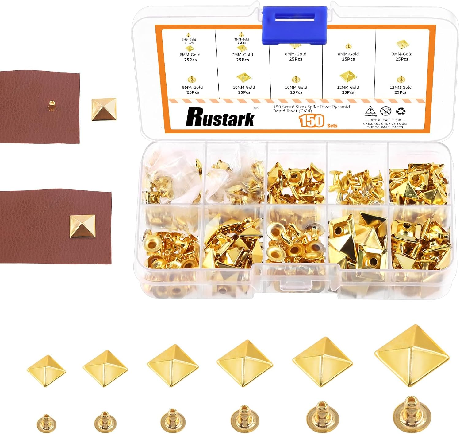 Rustark 150 Sets 6 Sizes 6Mm 7Mm 8Mm 9Mm 10Mm 12Mm Silver Pyramid Rivet Square Leather Rivets Kit Metal Studs Pyramid Rapid Rivet Studs Assortment Kit for DIY Leather Craft Decorations