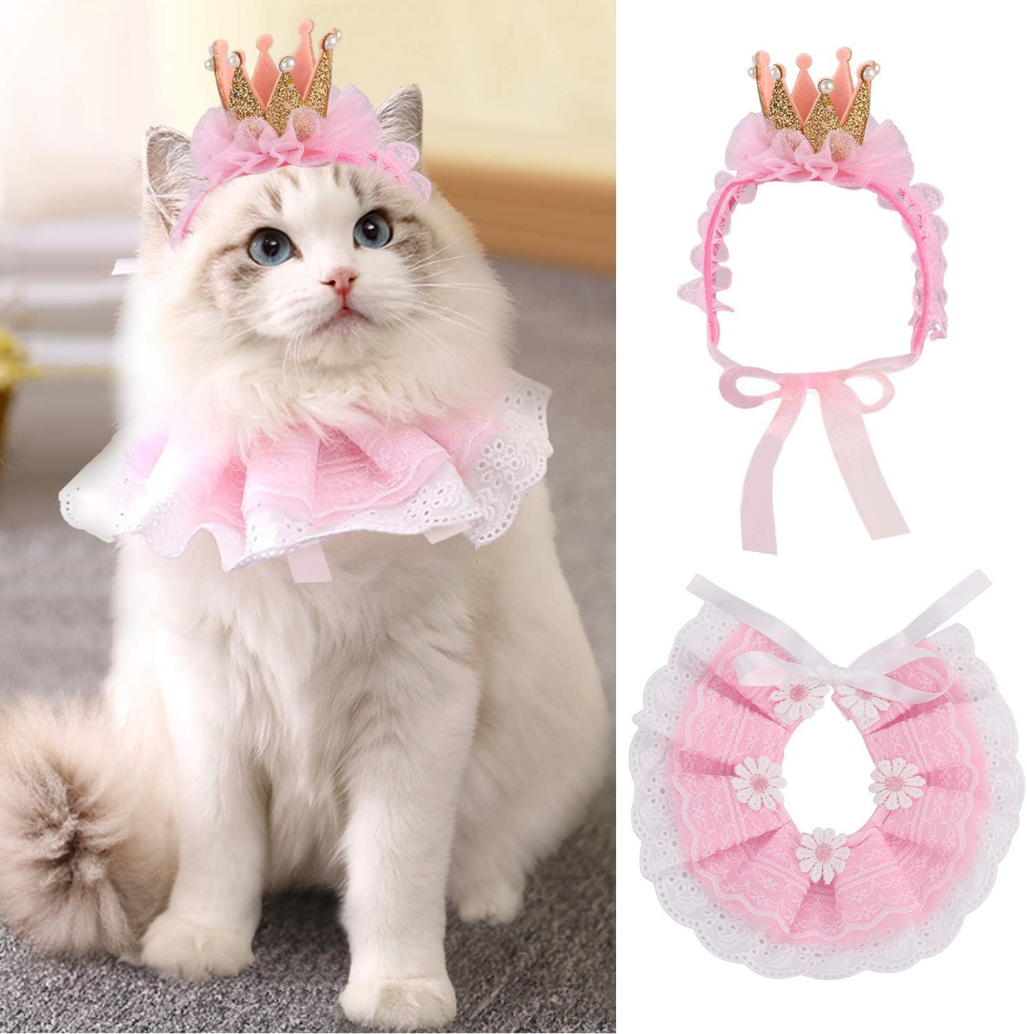 Legendog Cat Bandana, Princess Costume, Cute Lace Dog Bandanas and Crown Accessories for Small Dogs, Pink Outfit for Birthday Party (B-Pink)